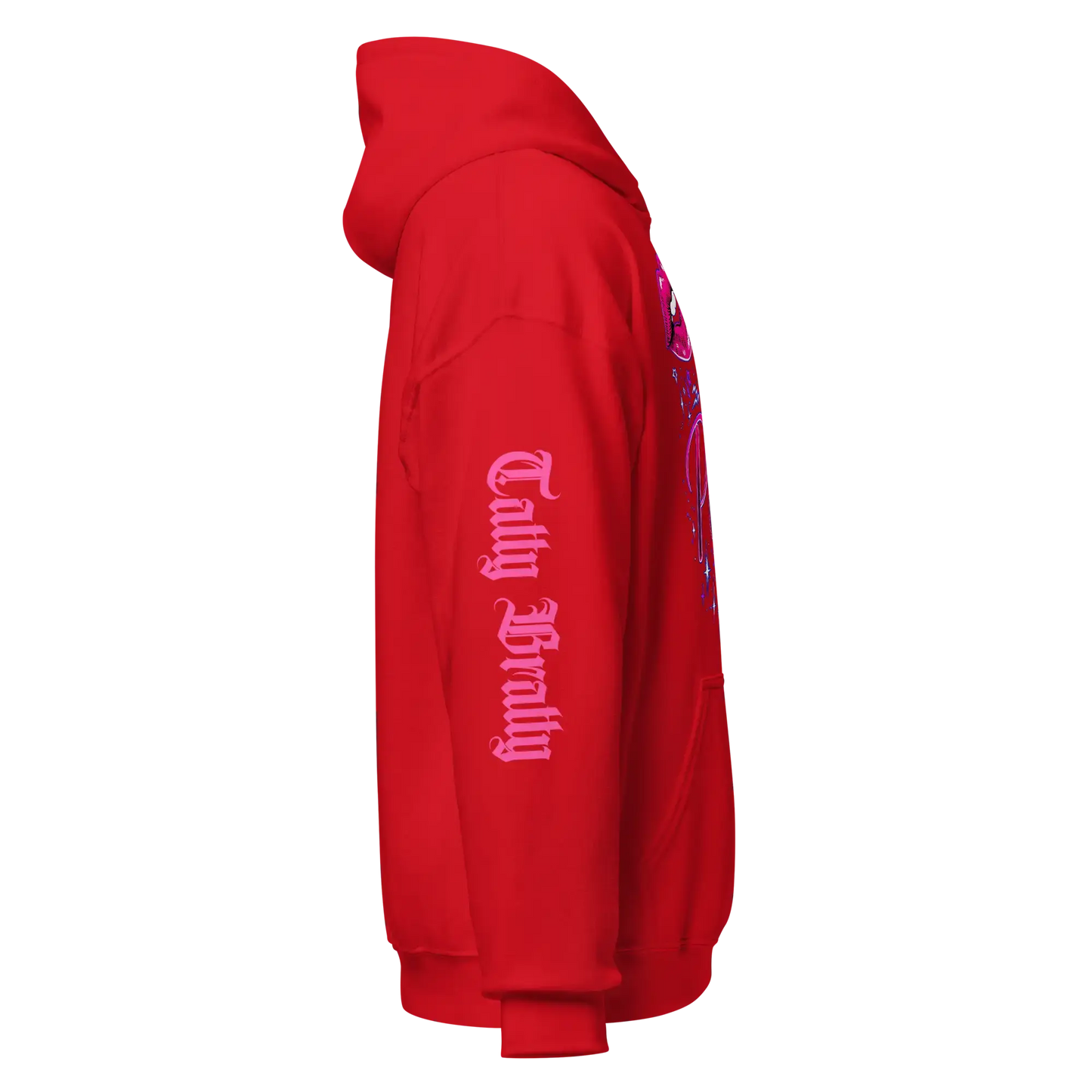Red hoodie with pink lettering.