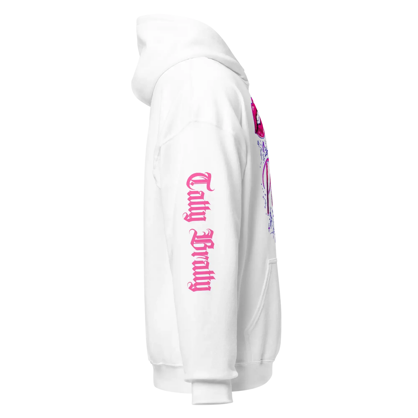 White hoodie with pink and blue design.