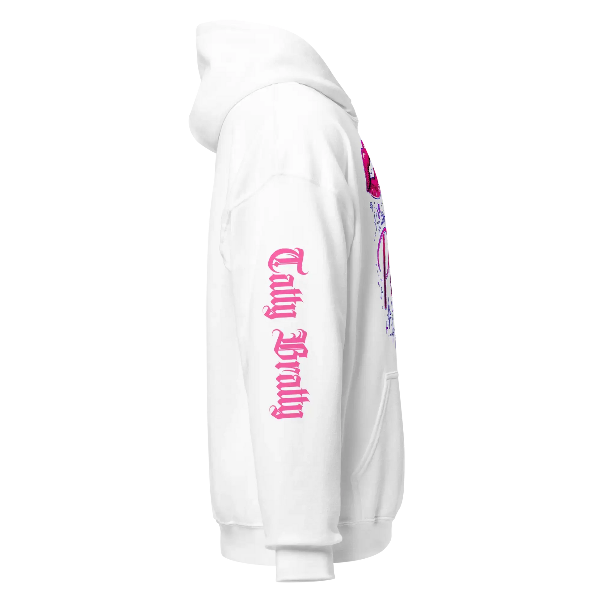 White hoodie with pink and blue design.