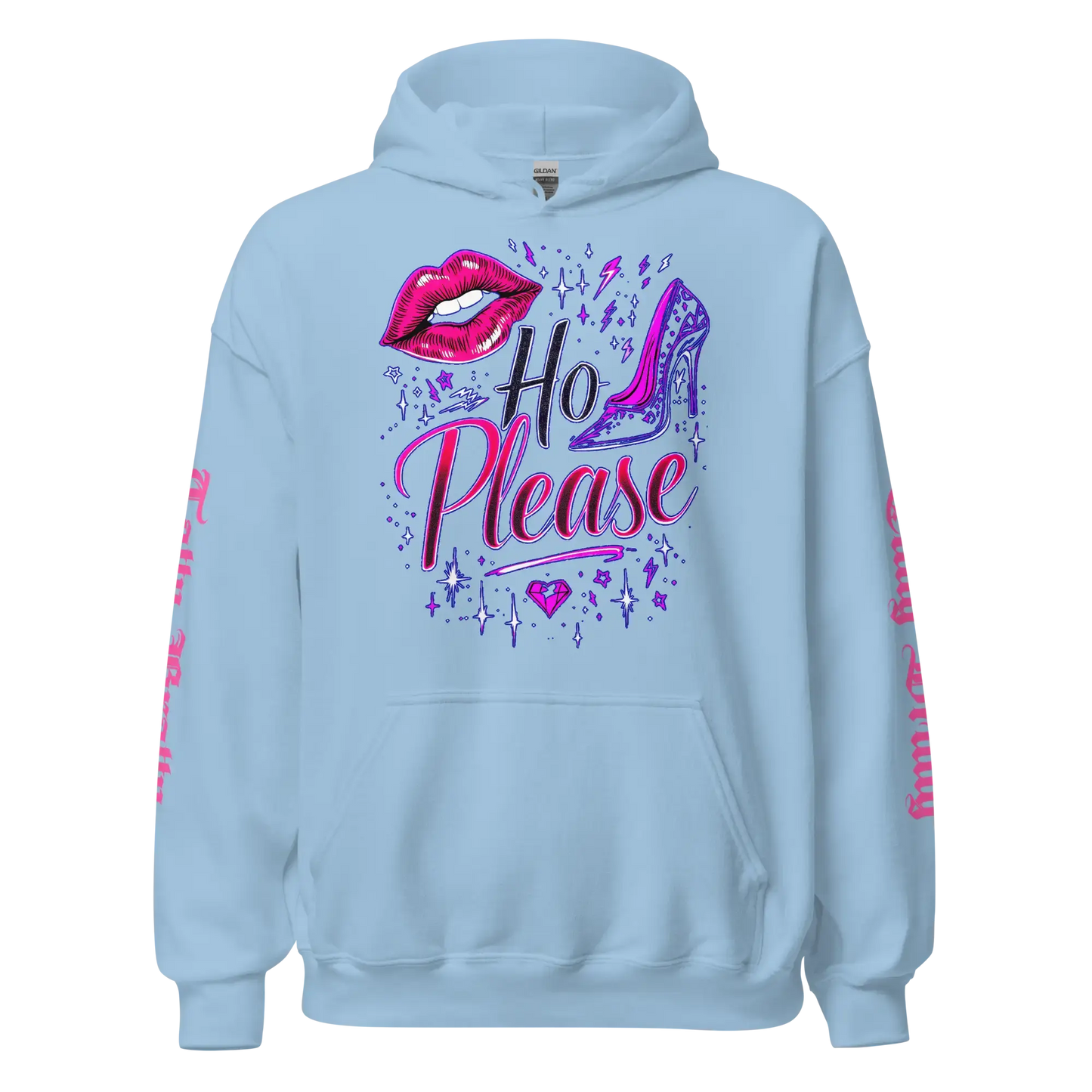 Light blue hoodie with ’Ho Please’ graphic.