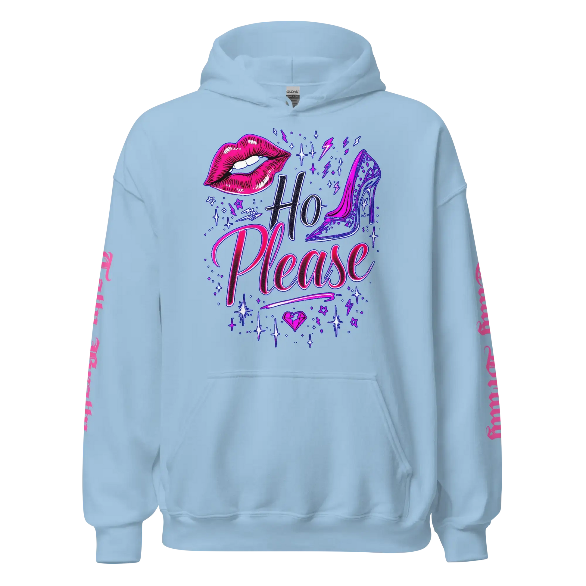 Light blue hoodie with ’Ho Please’ graphic.
