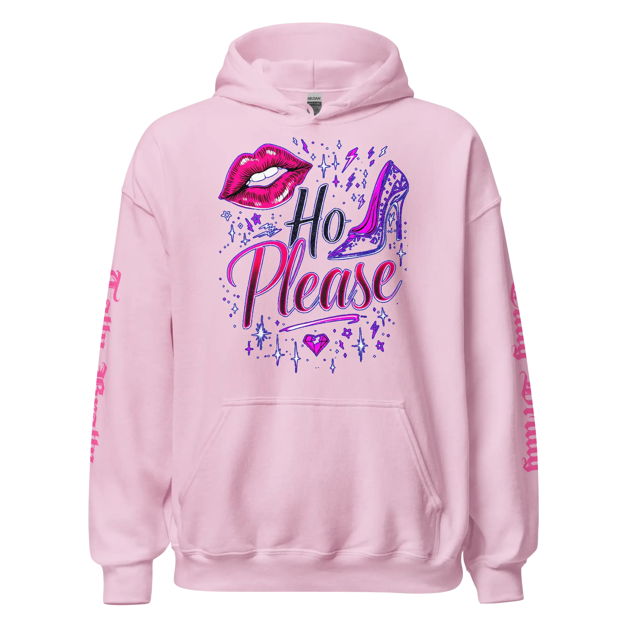 Pink hoodie with ’Ho Please’ graphic.