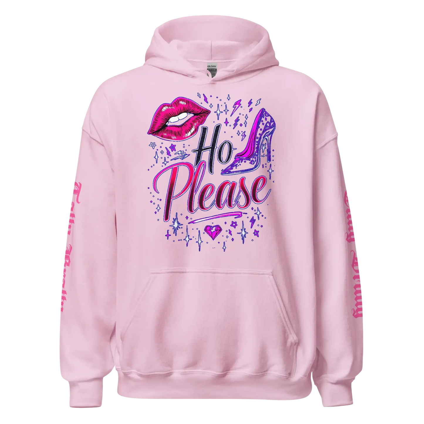 Pink hoodie with ’Ho Please’ graphic.