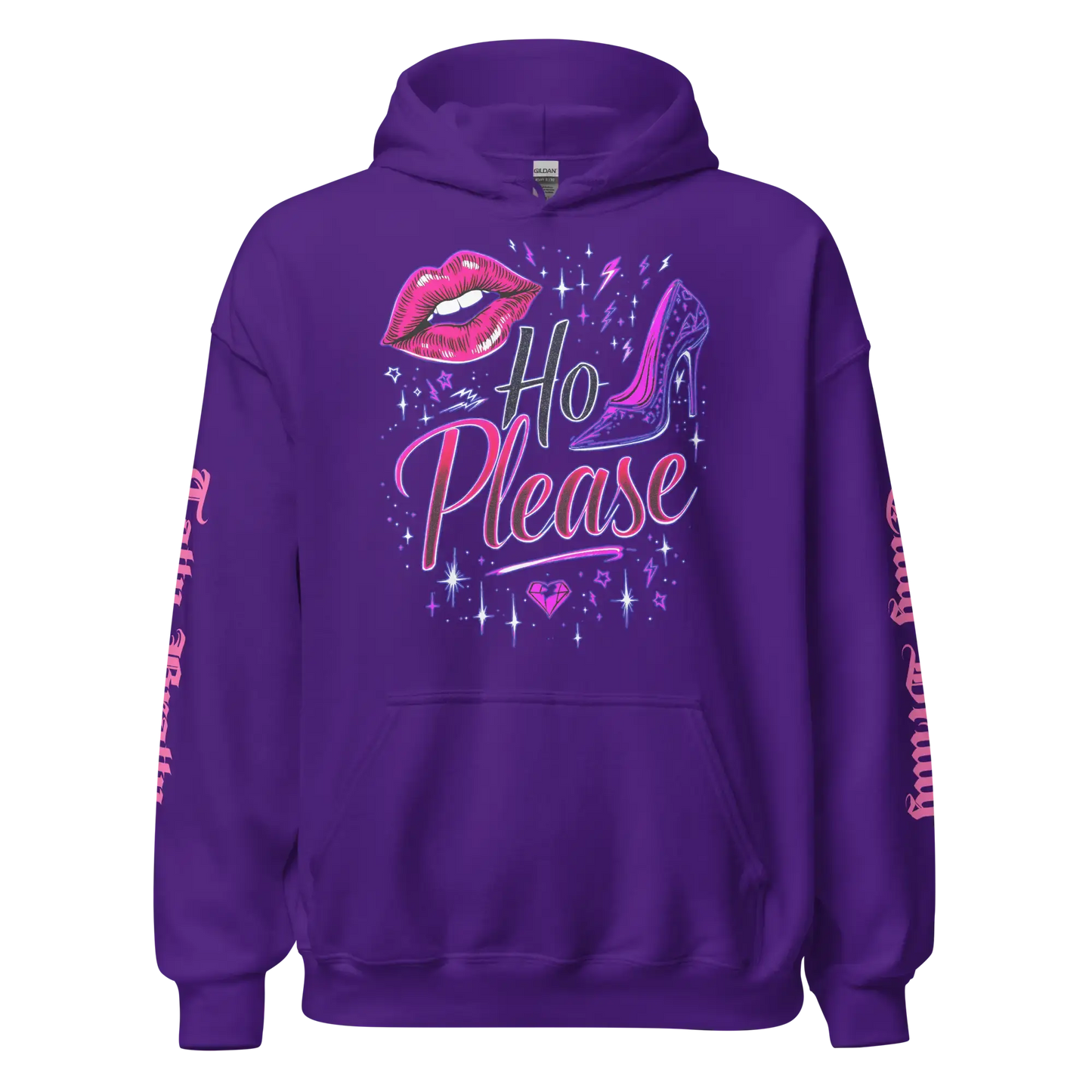Purple hoodie with ’Ho Please’ graphic.