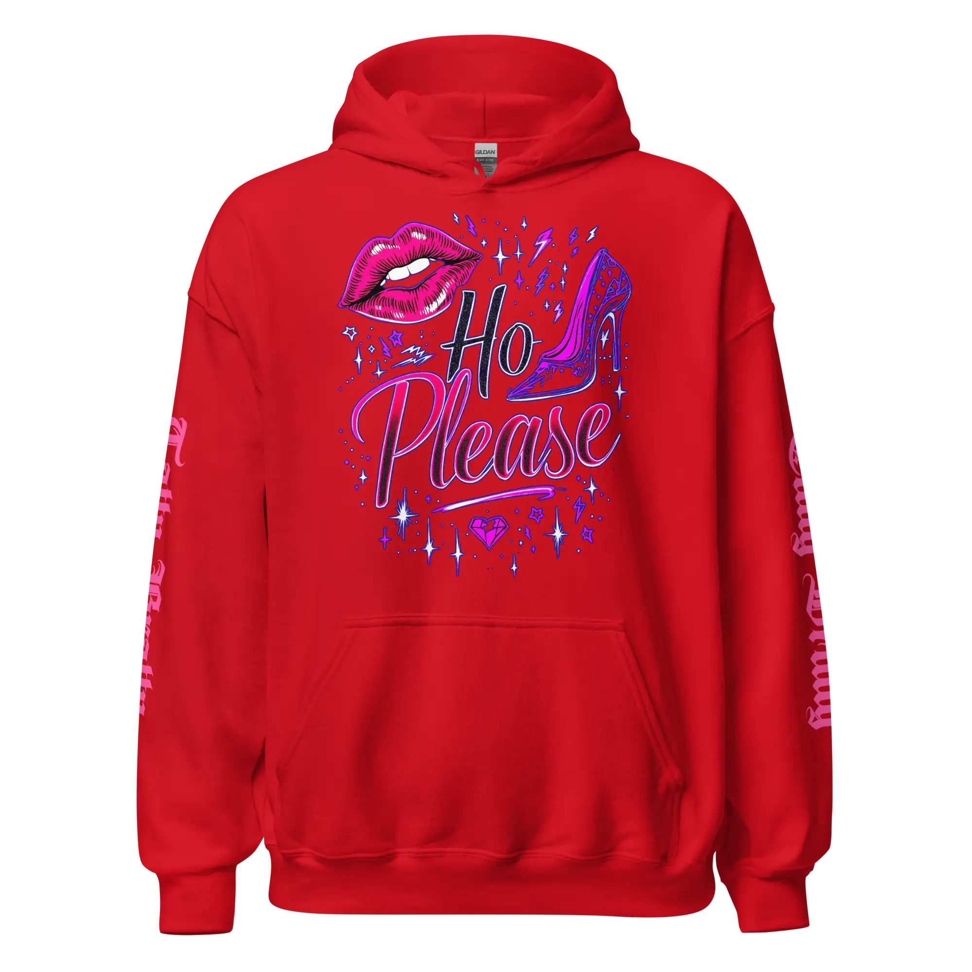 Red hoodie with ’Ho Please’ graphic.