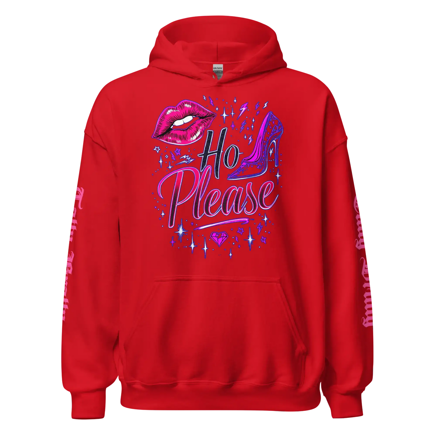 Red hoodie with ’Ho Please’ graphic.