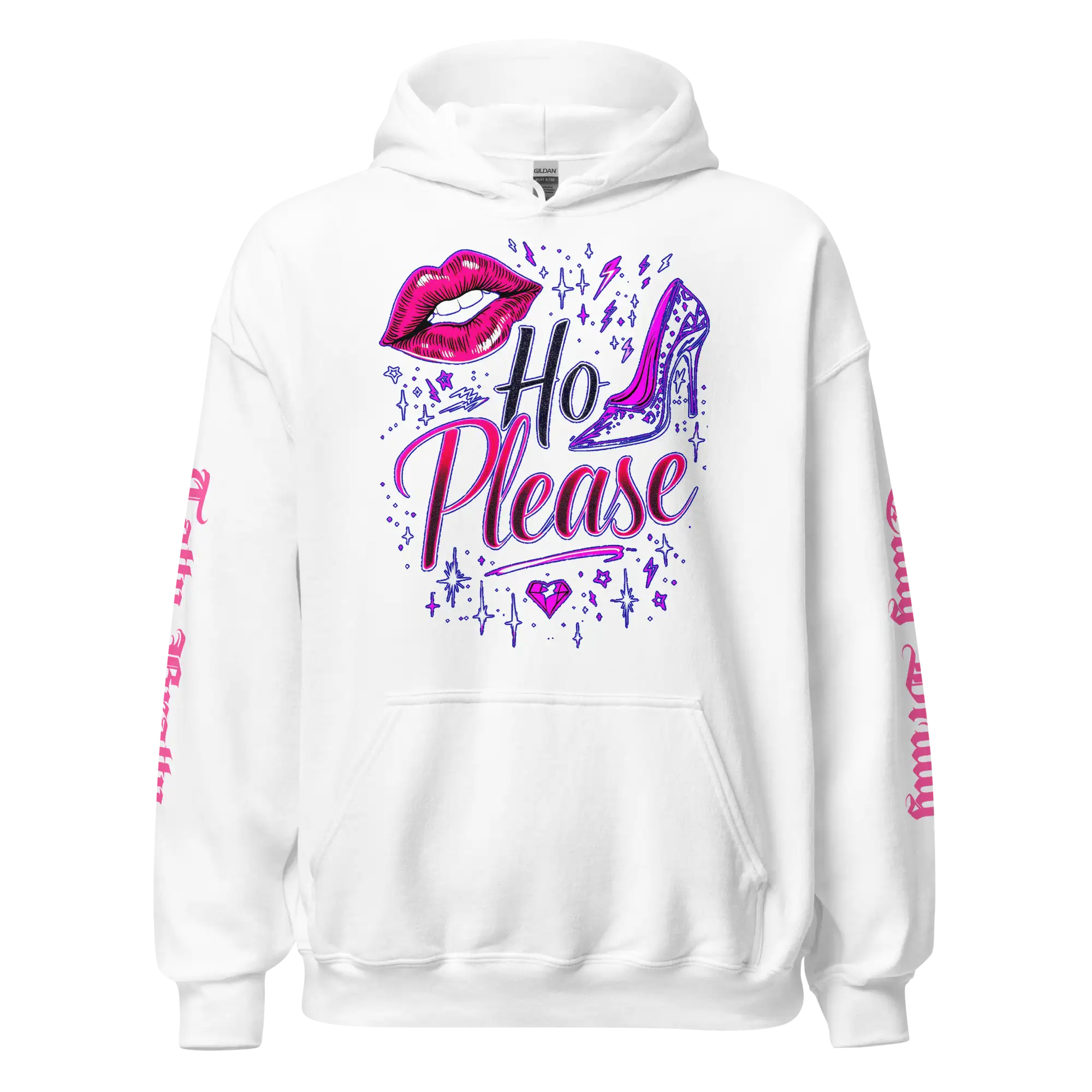 White hoodie with ’Ho Please’ graphic.