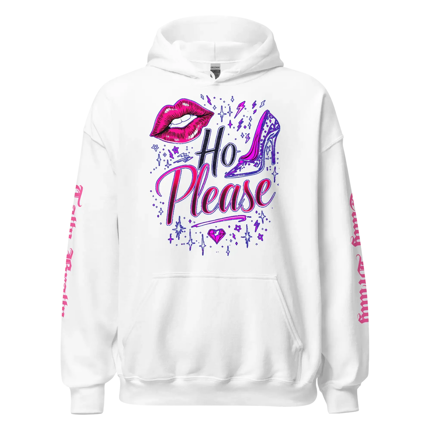 White hoodie with ’Ho Please’ graphic.