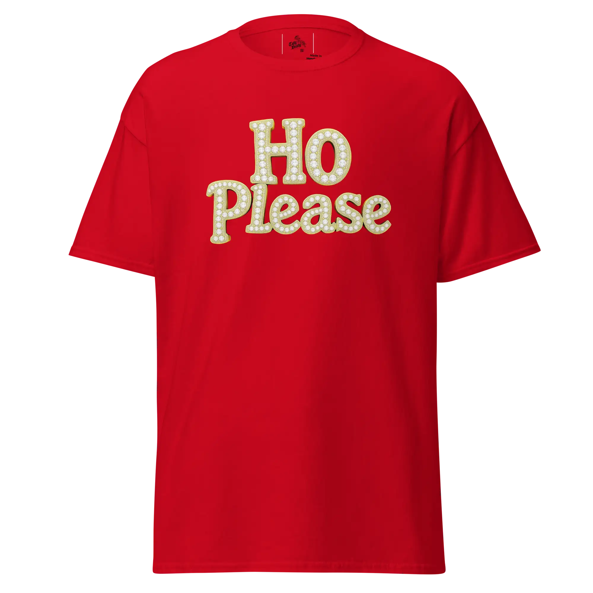 Red t-shirt with ’HO Please’ text.