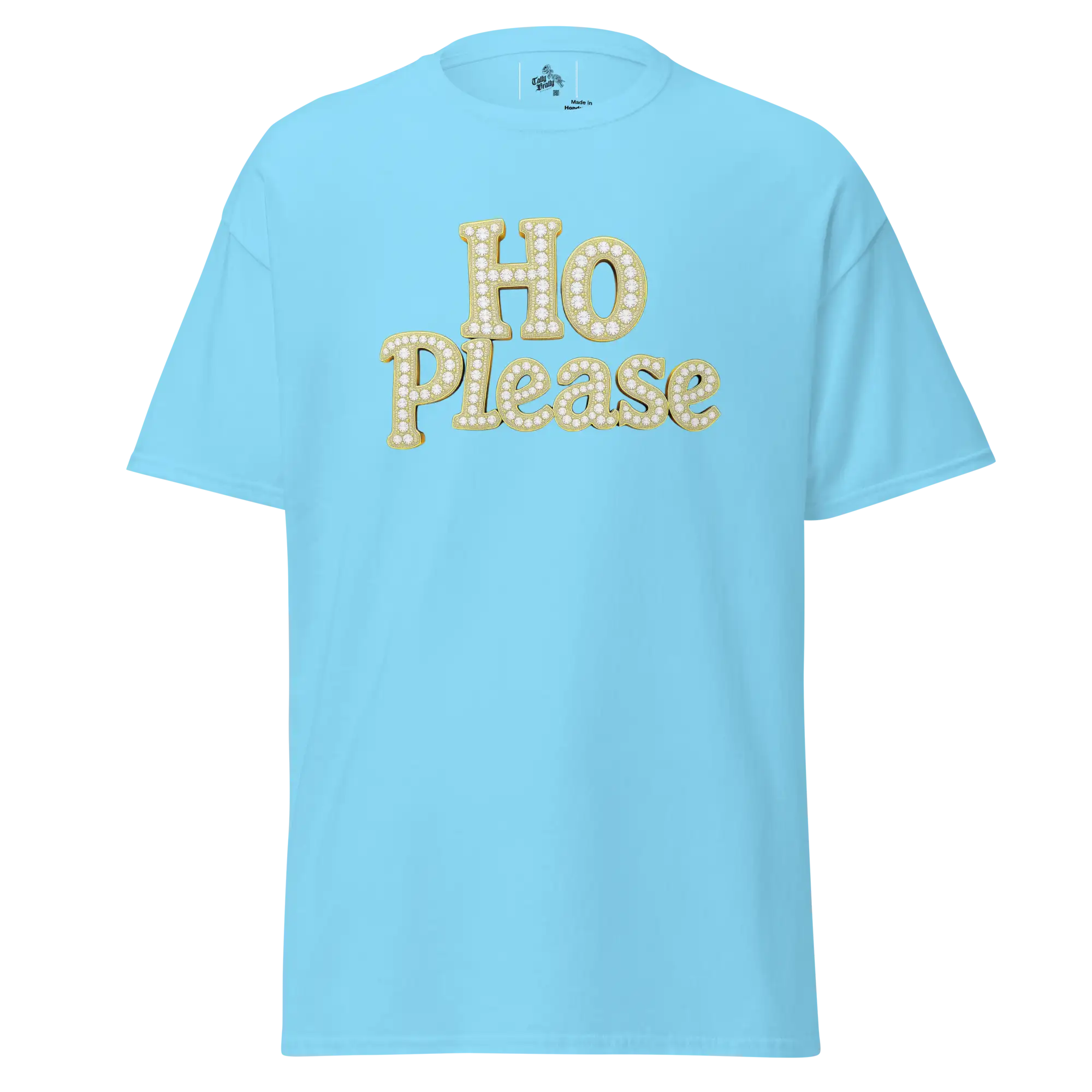 Light blue t-shirt with ’HO Please’ text.