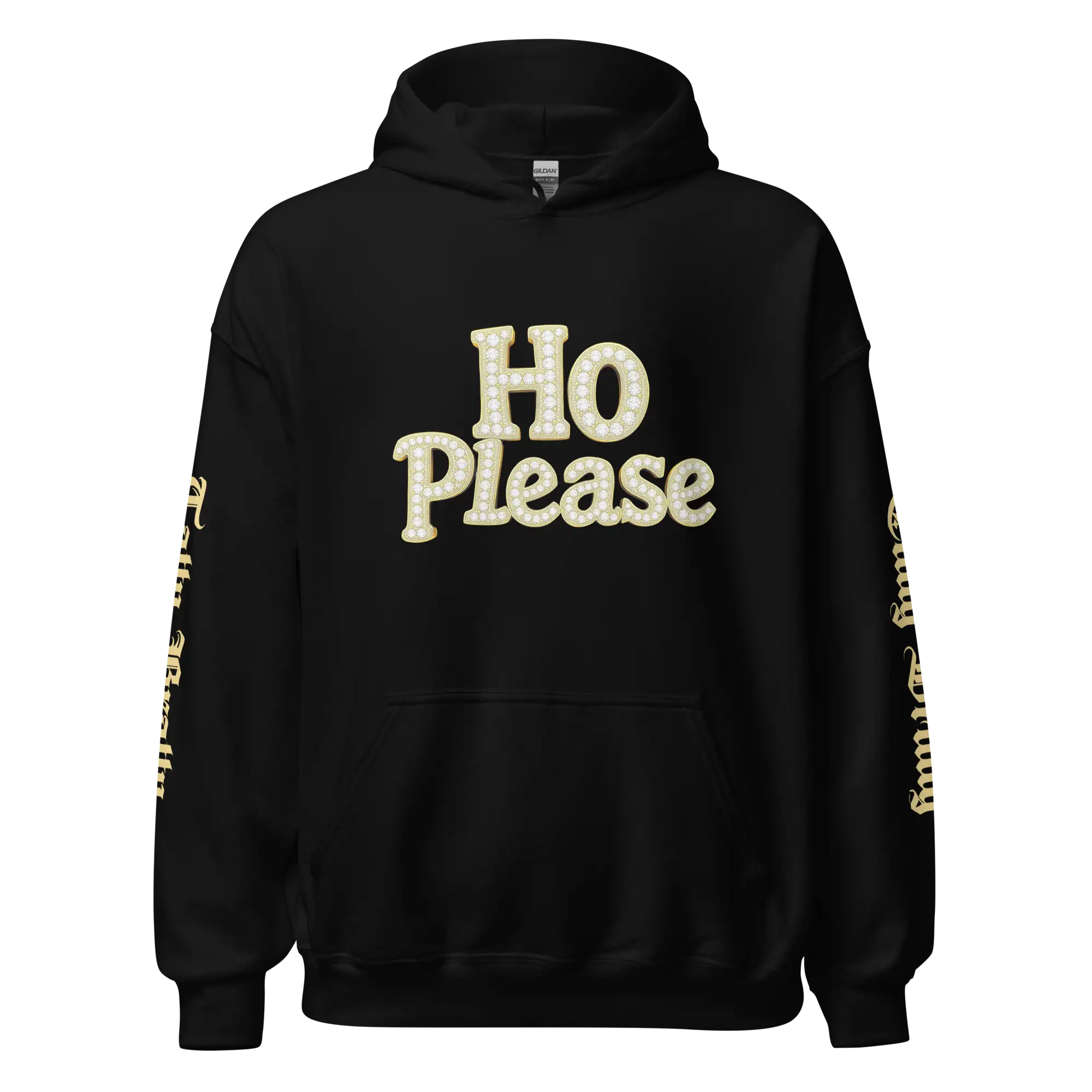 Black hoodie with ’HO Please’ text.