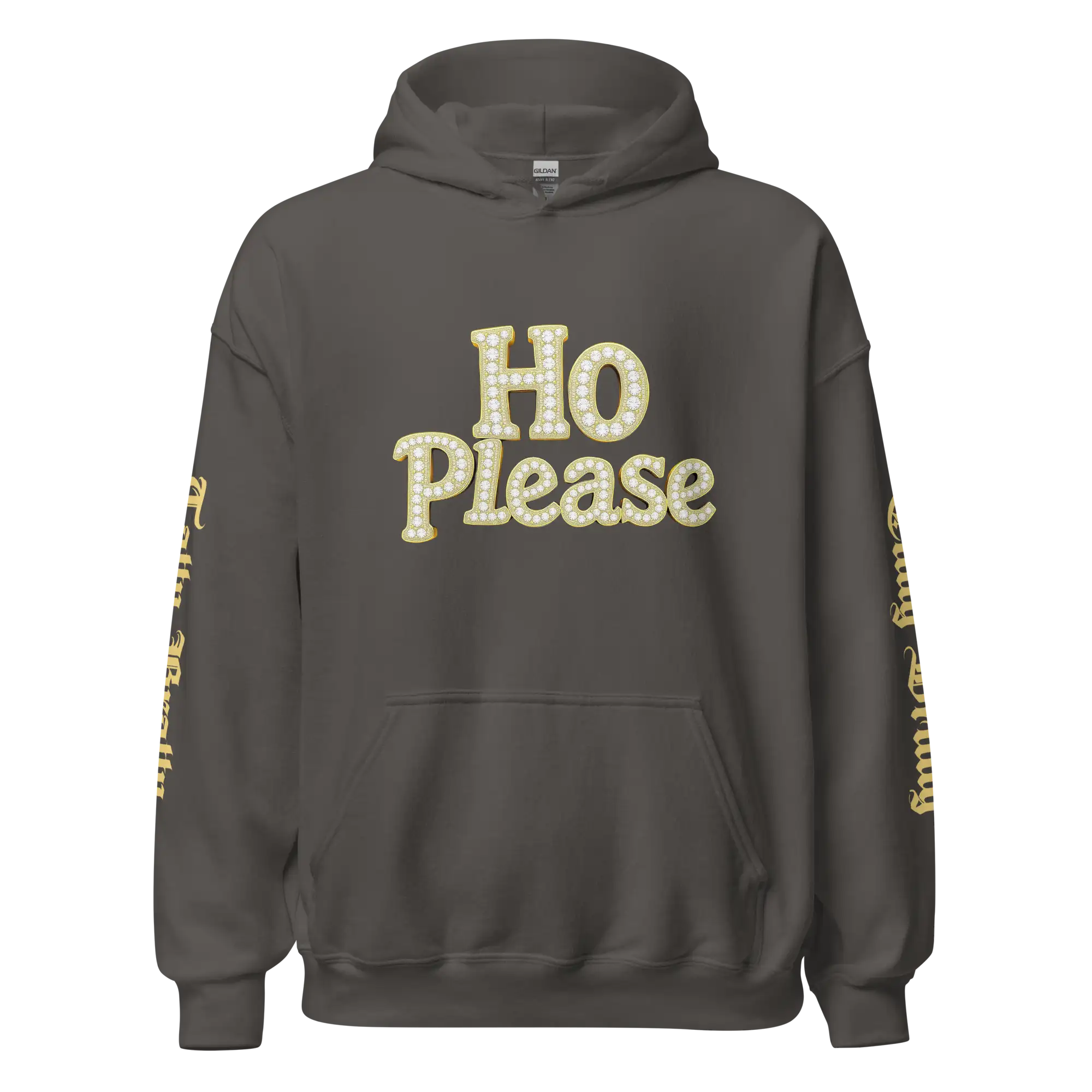 Gray hoodie with ’Ho Please’ text.