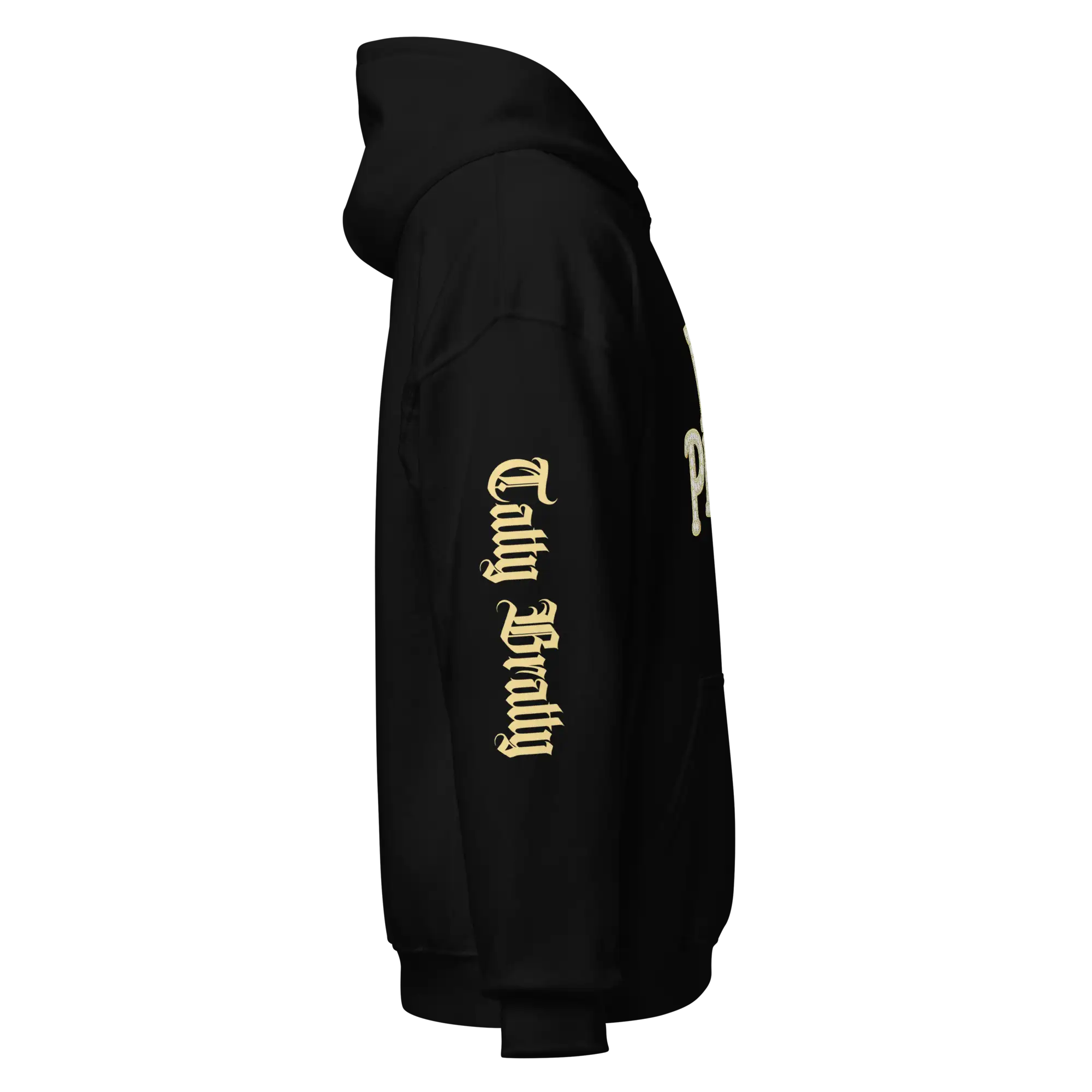 Black hoodie with sleeve text.