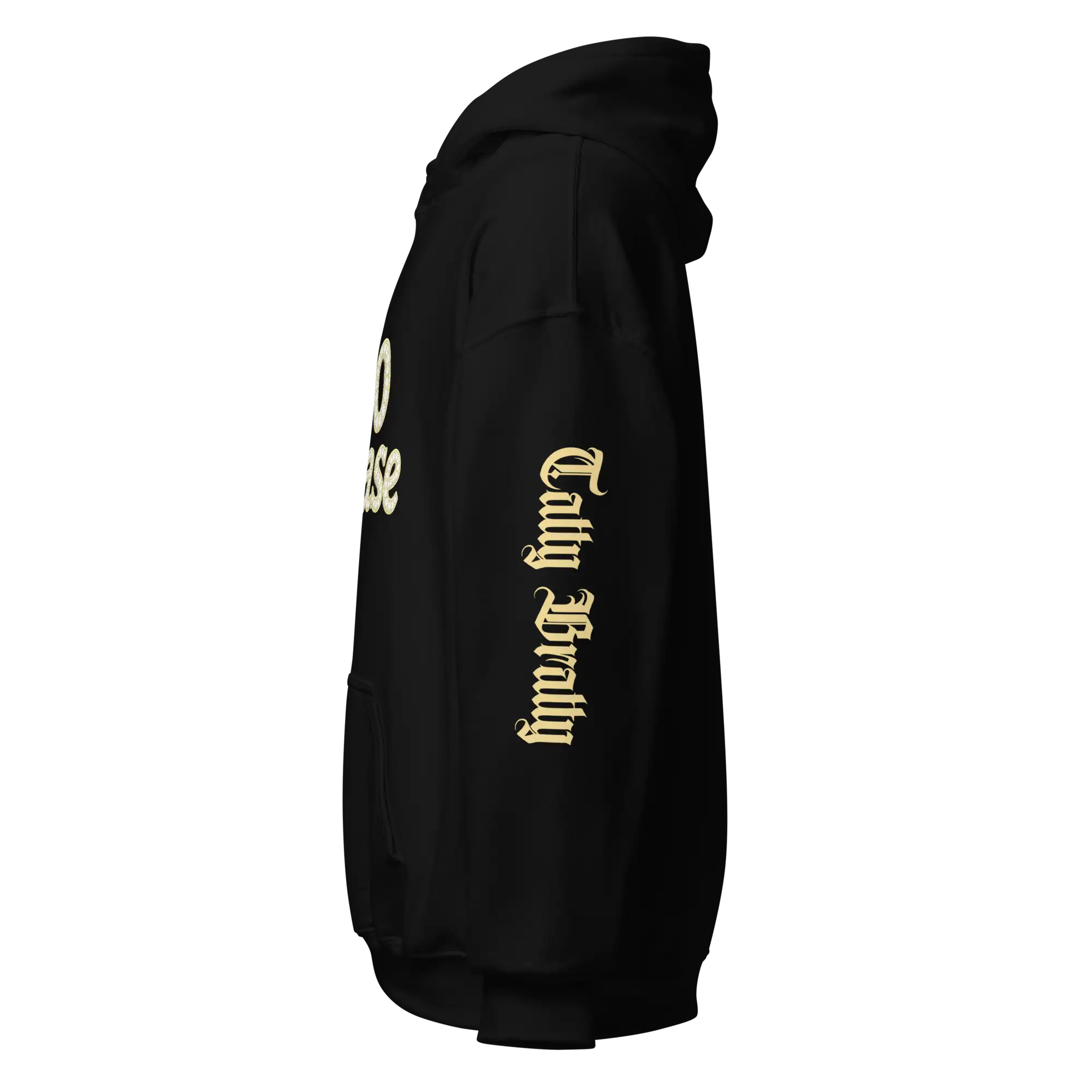 Black hoodie with sleeve text.