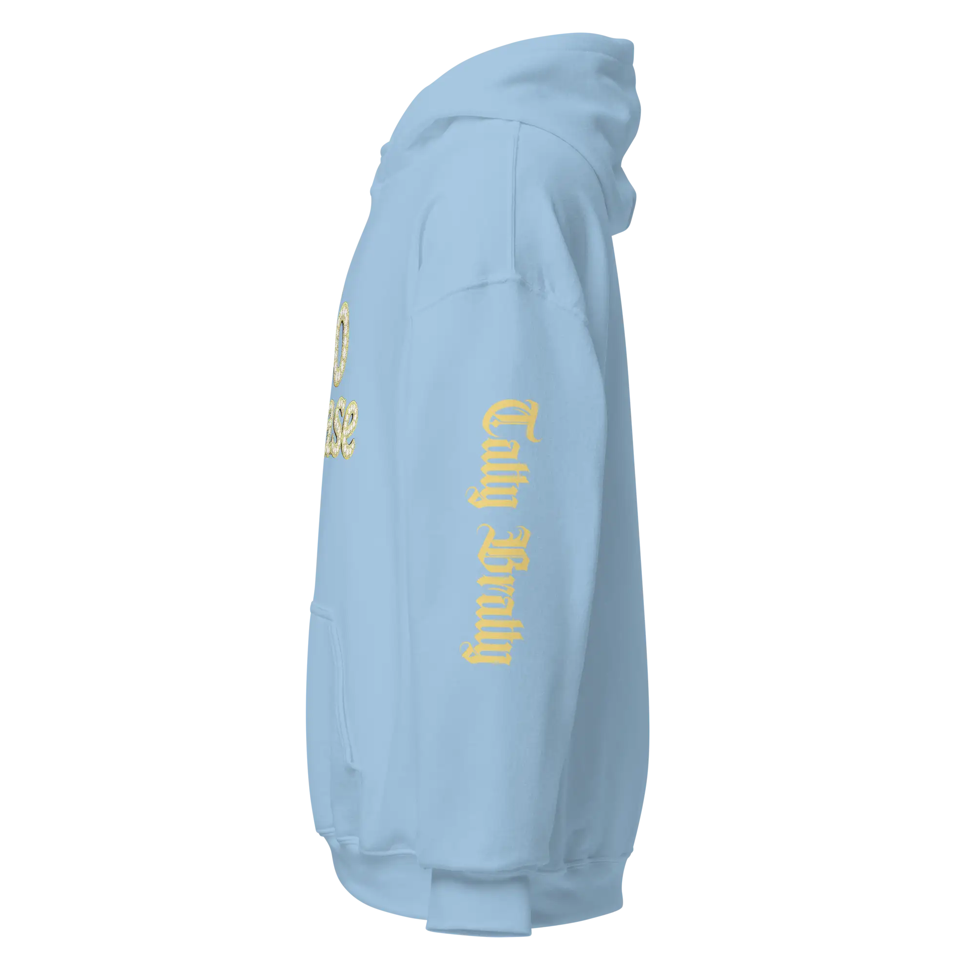 Light blue hoodie.