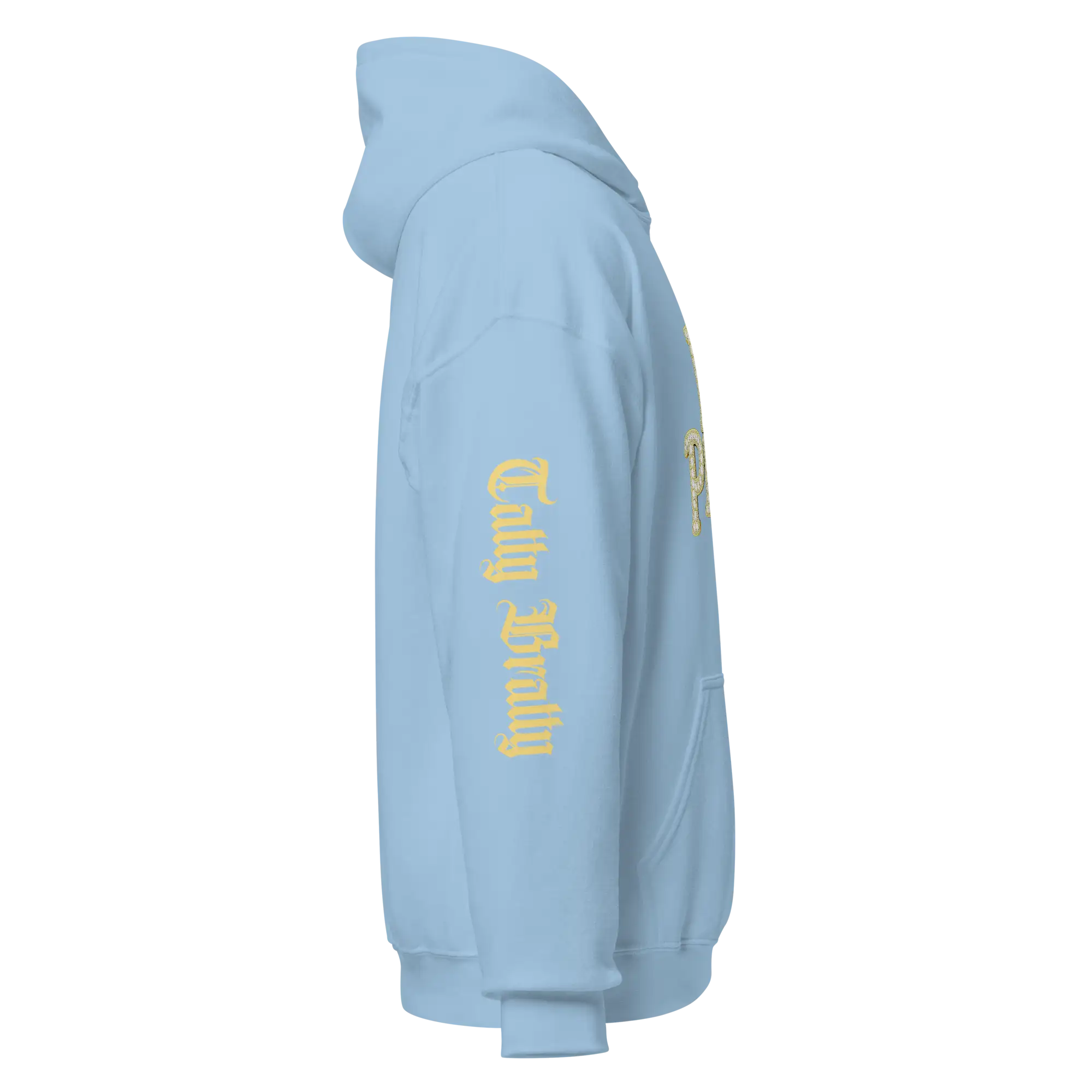 Light blue hooded sweatshirt.