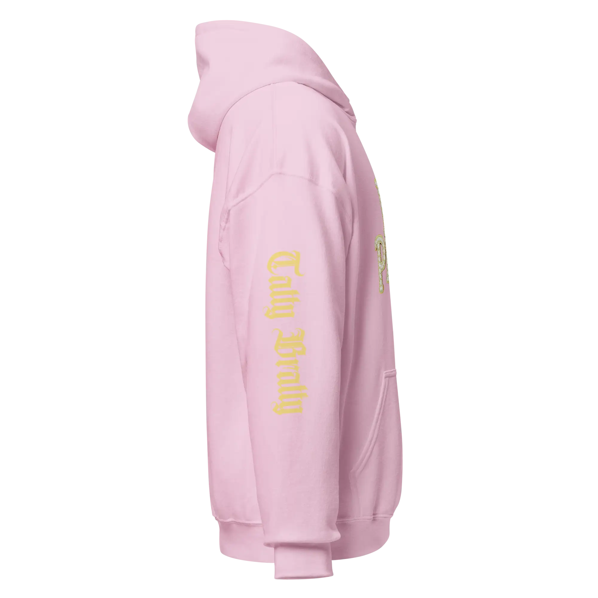 Pink hooded sweatshirt.