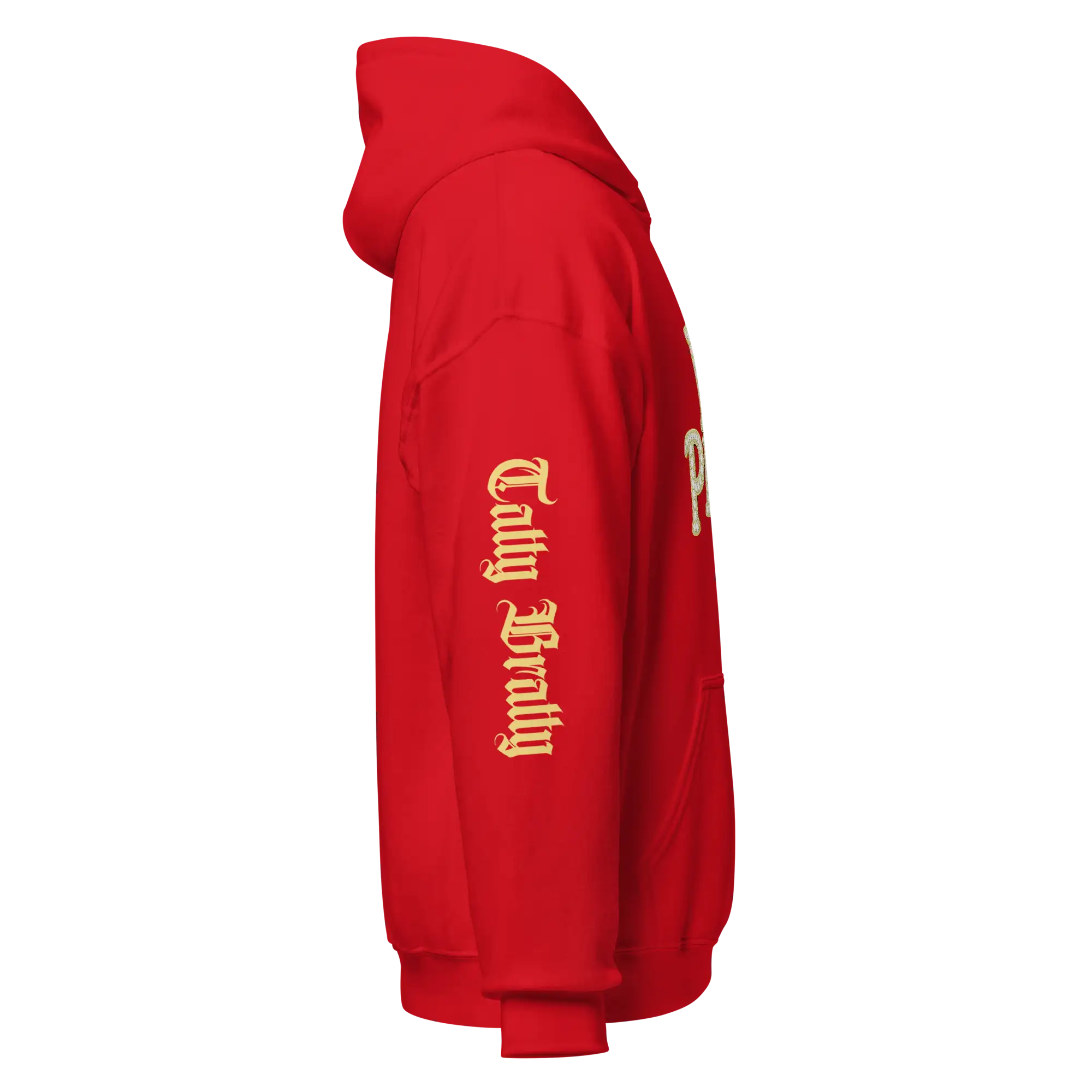 Red hoodie with lettering.