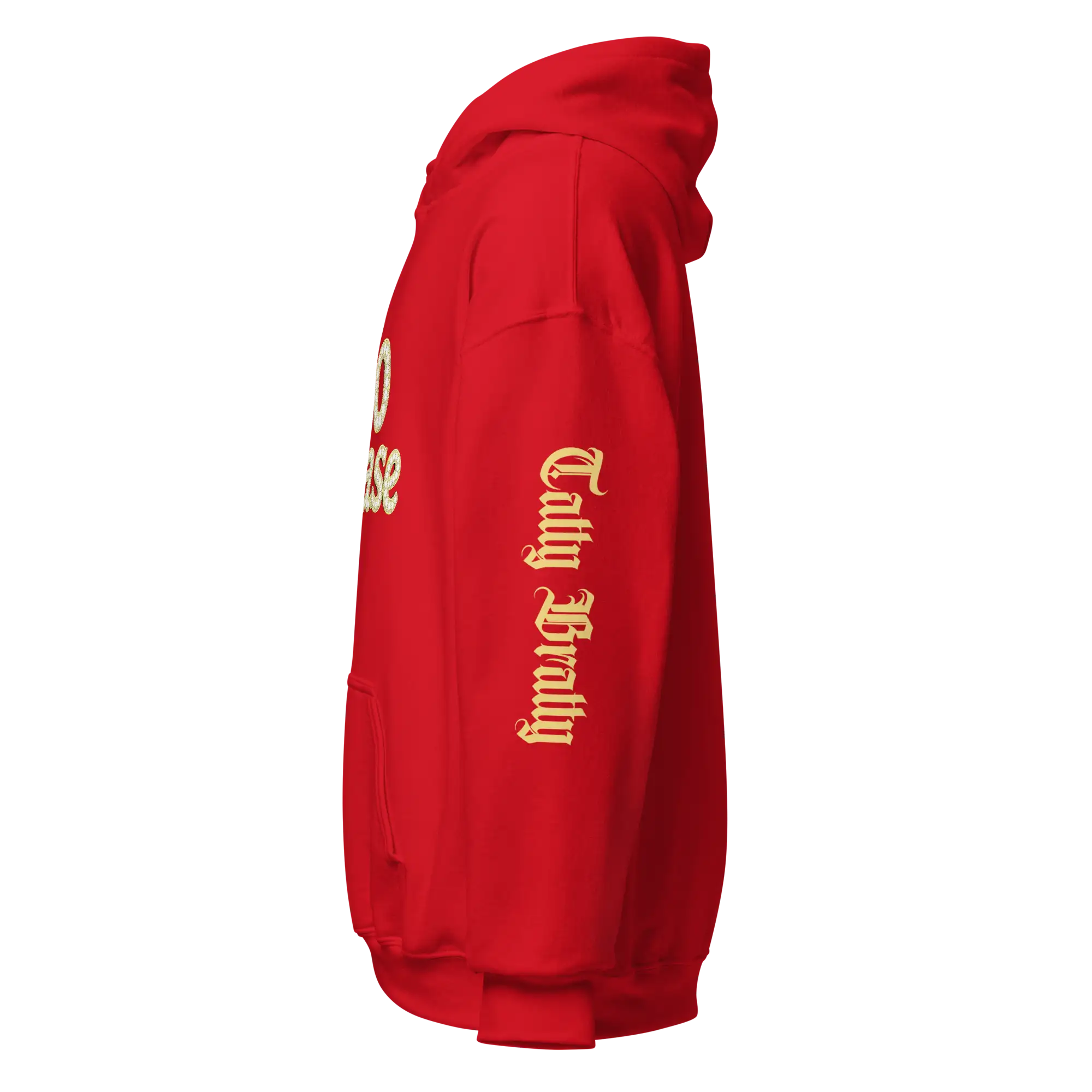 Red hoodie with sleeve text.