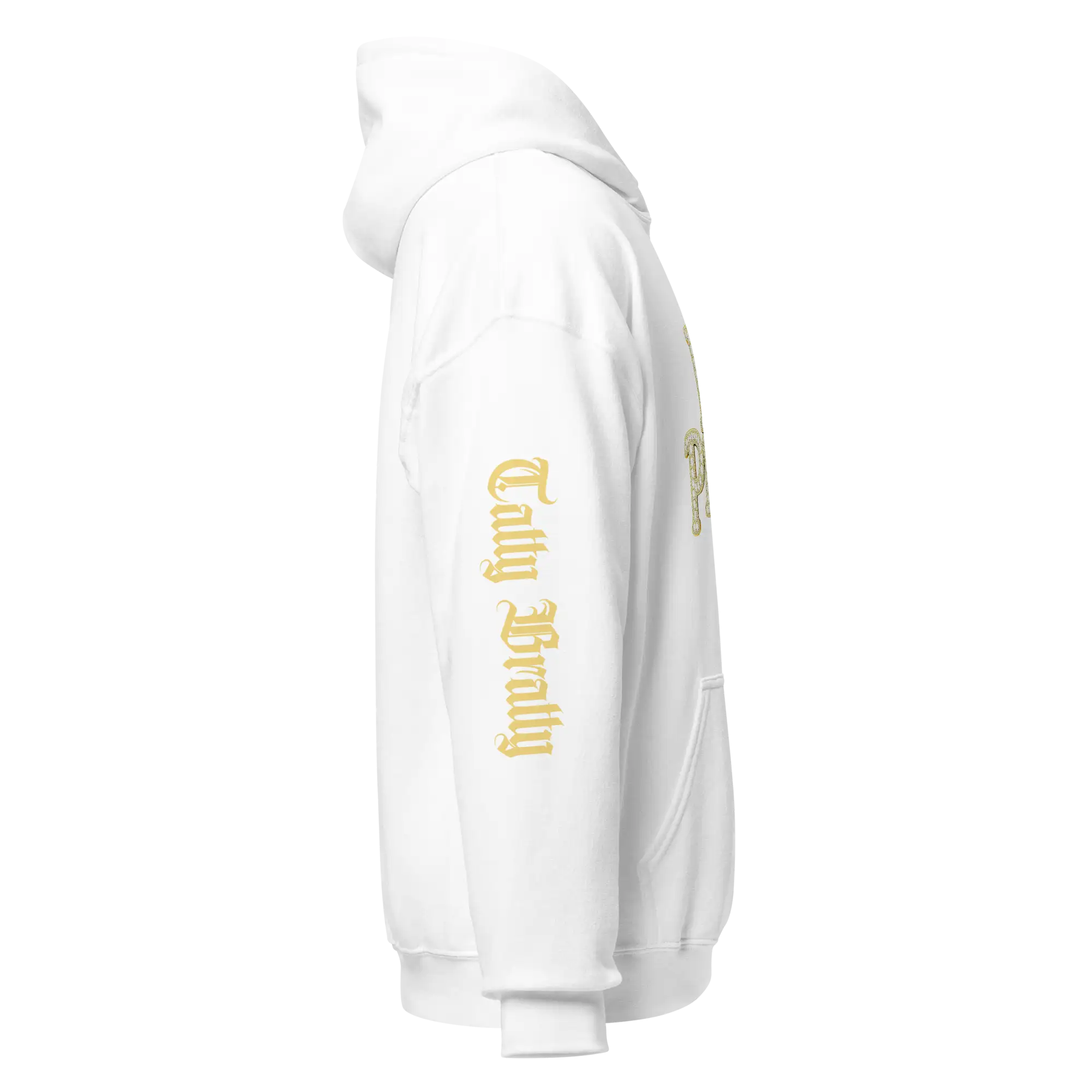 White hooded sweatshirt.