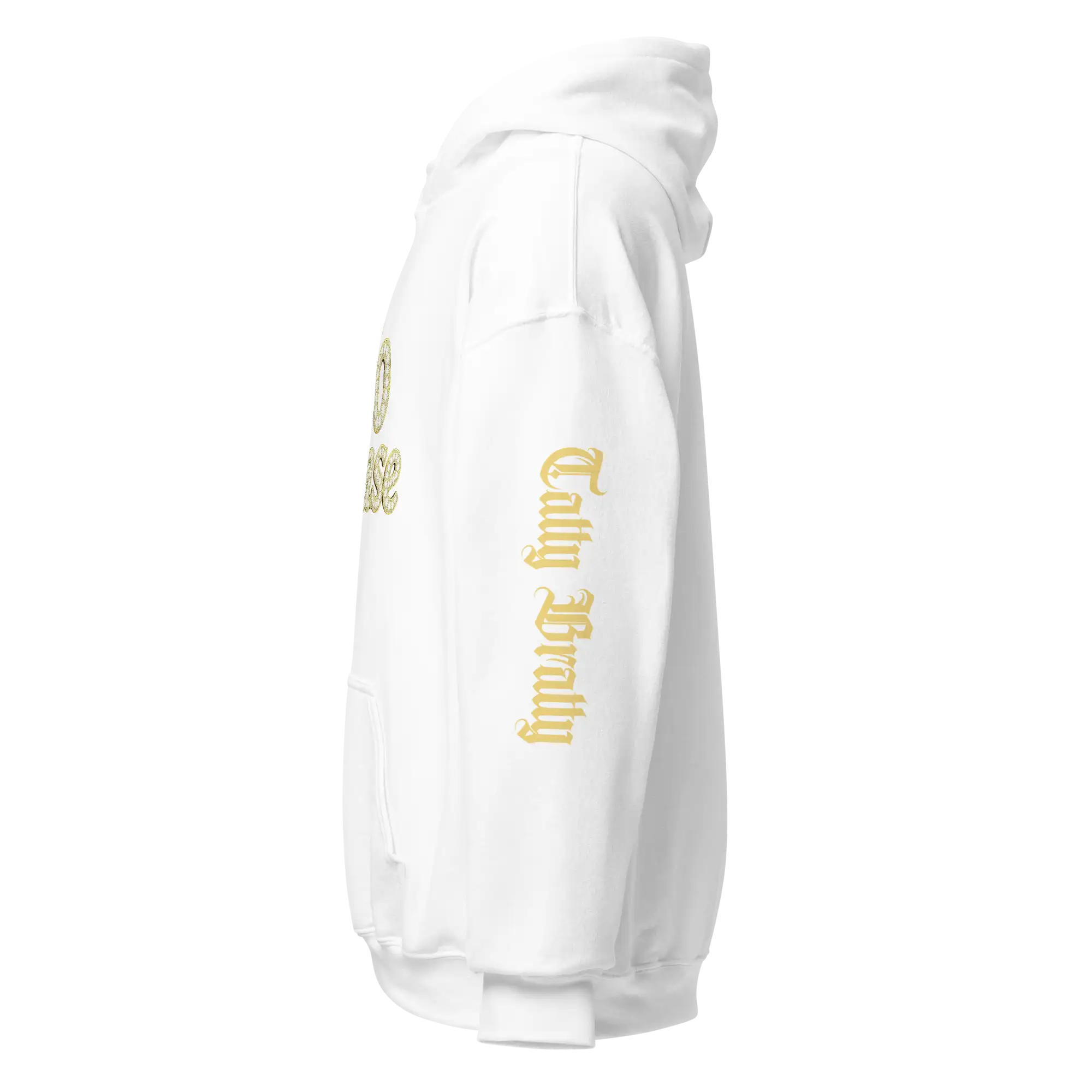 White hoodie with sleeve text.