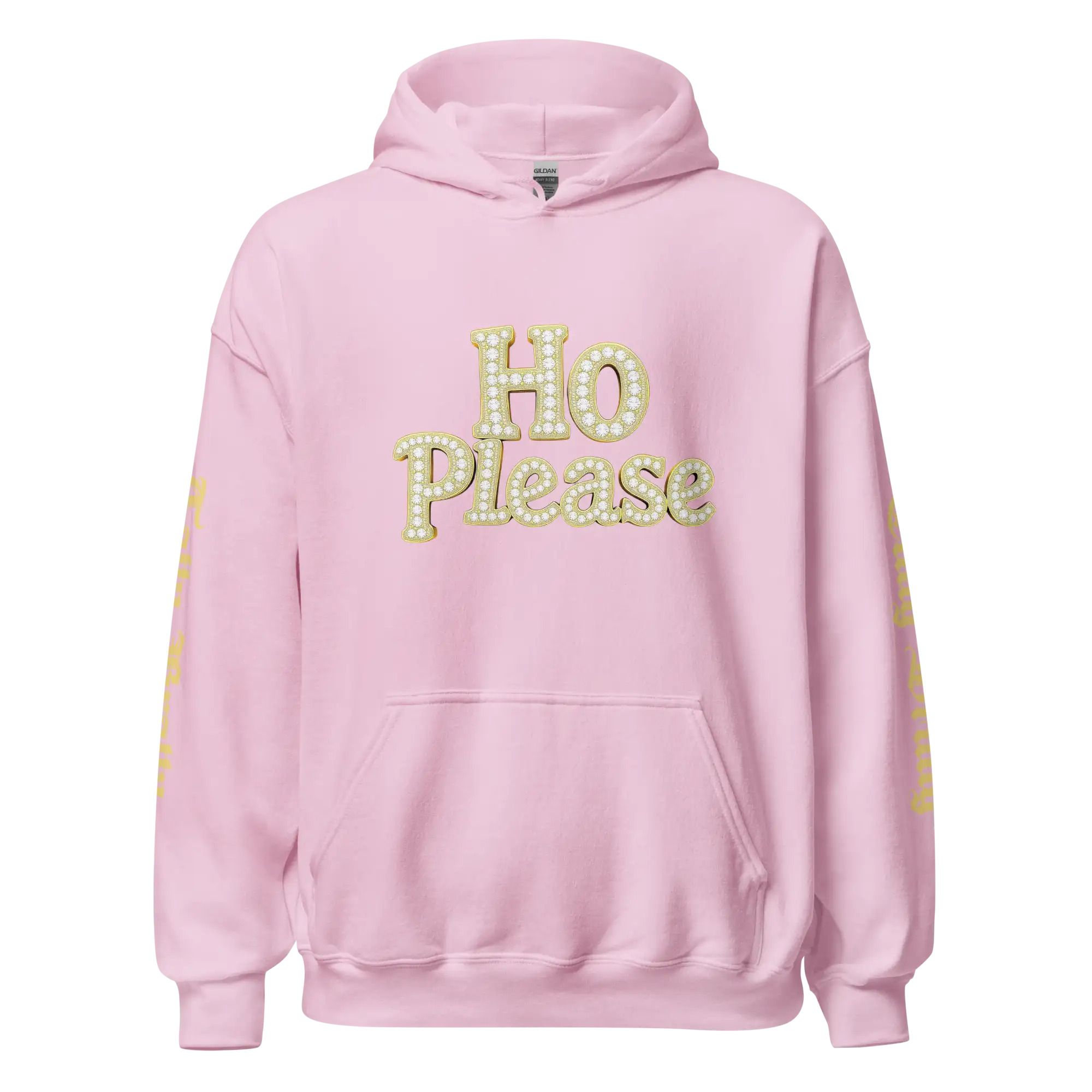 Pink hoodie with ’Ho Please’ text.