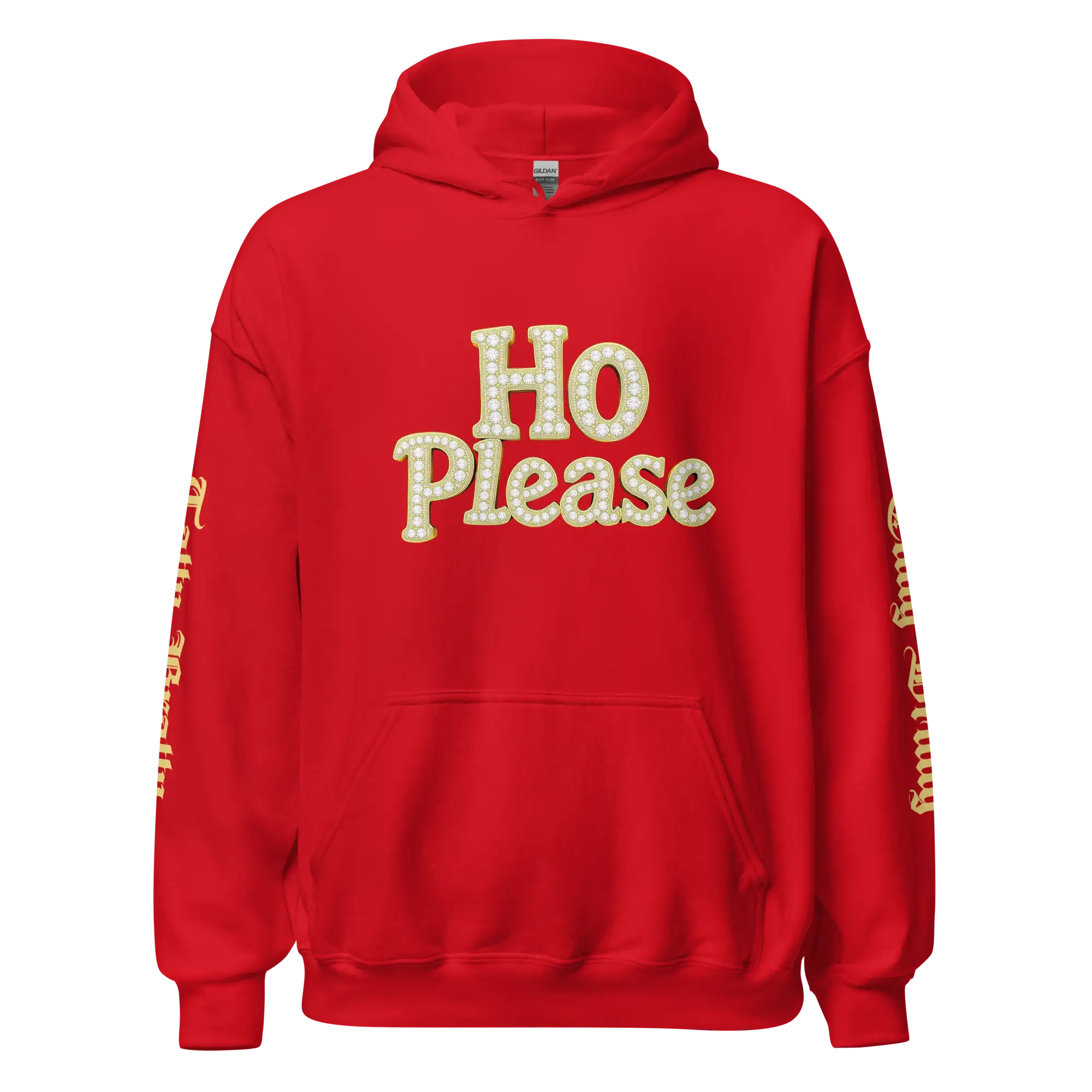 Red hoodie with ’Ho Please’ text.