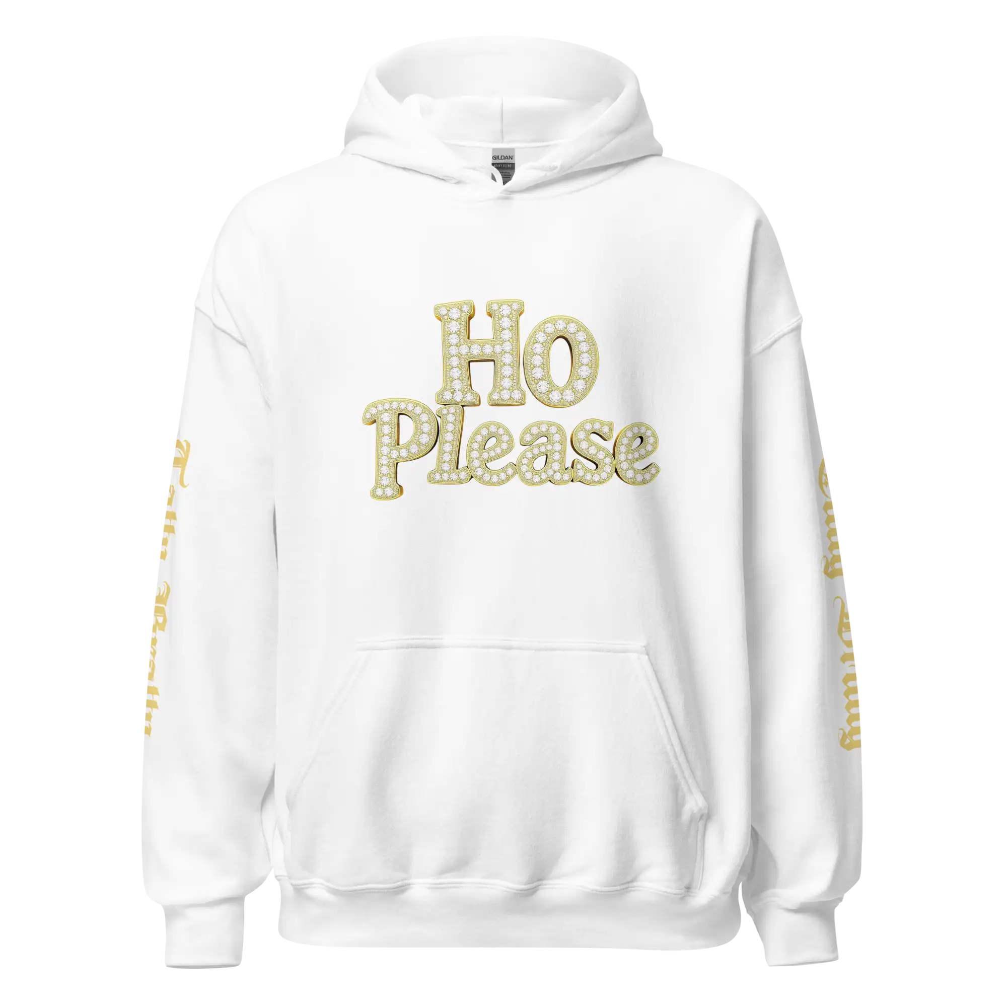 White hoodie with ’Ho Please’ text.