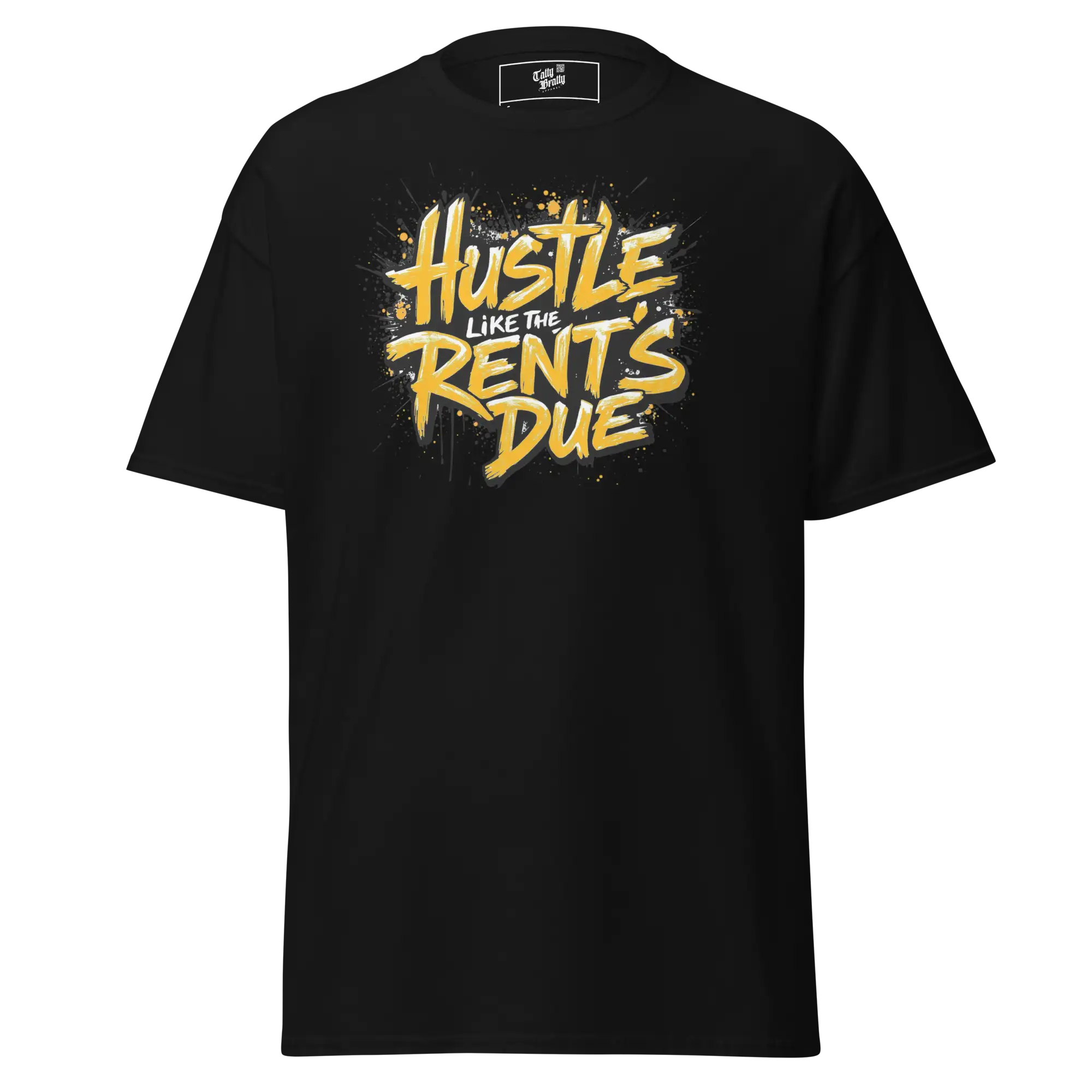 Black t-shirt with yellow lettering.