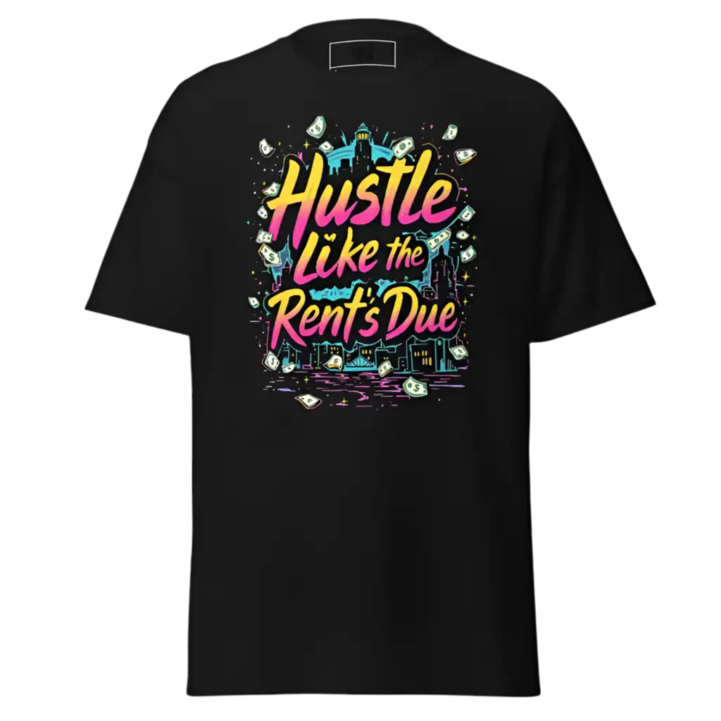 Black t-shirt with colorful graphic.