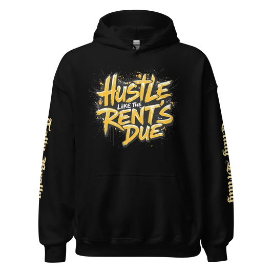 Black hoodie with yellow lettering.