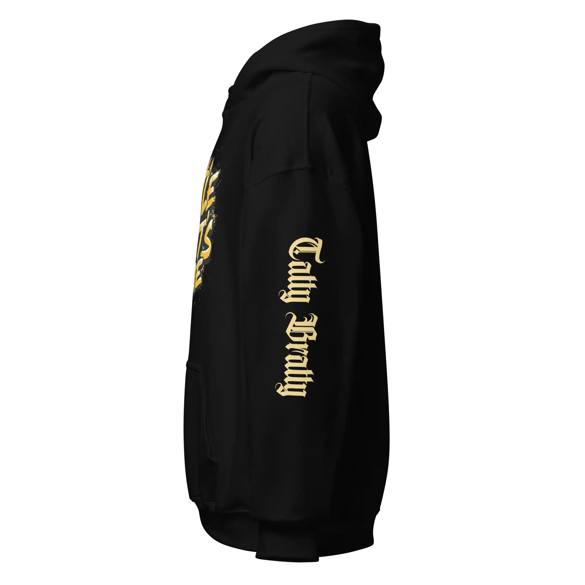 Black hoodie with gold lettering.