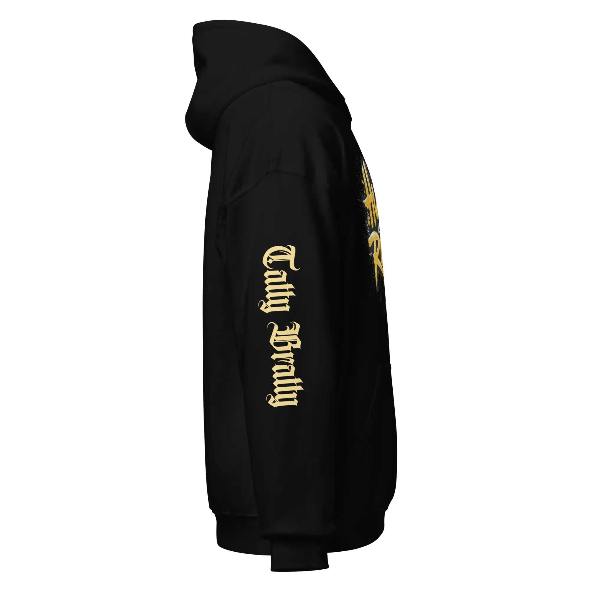 Black hoodie with sleeve text.