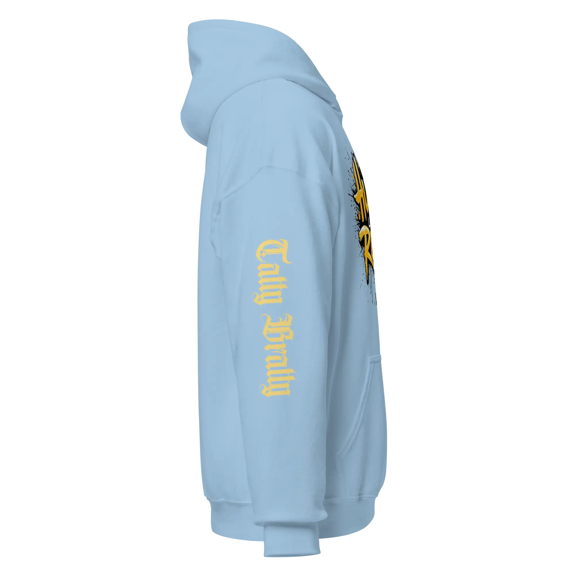Light blue hoodie.