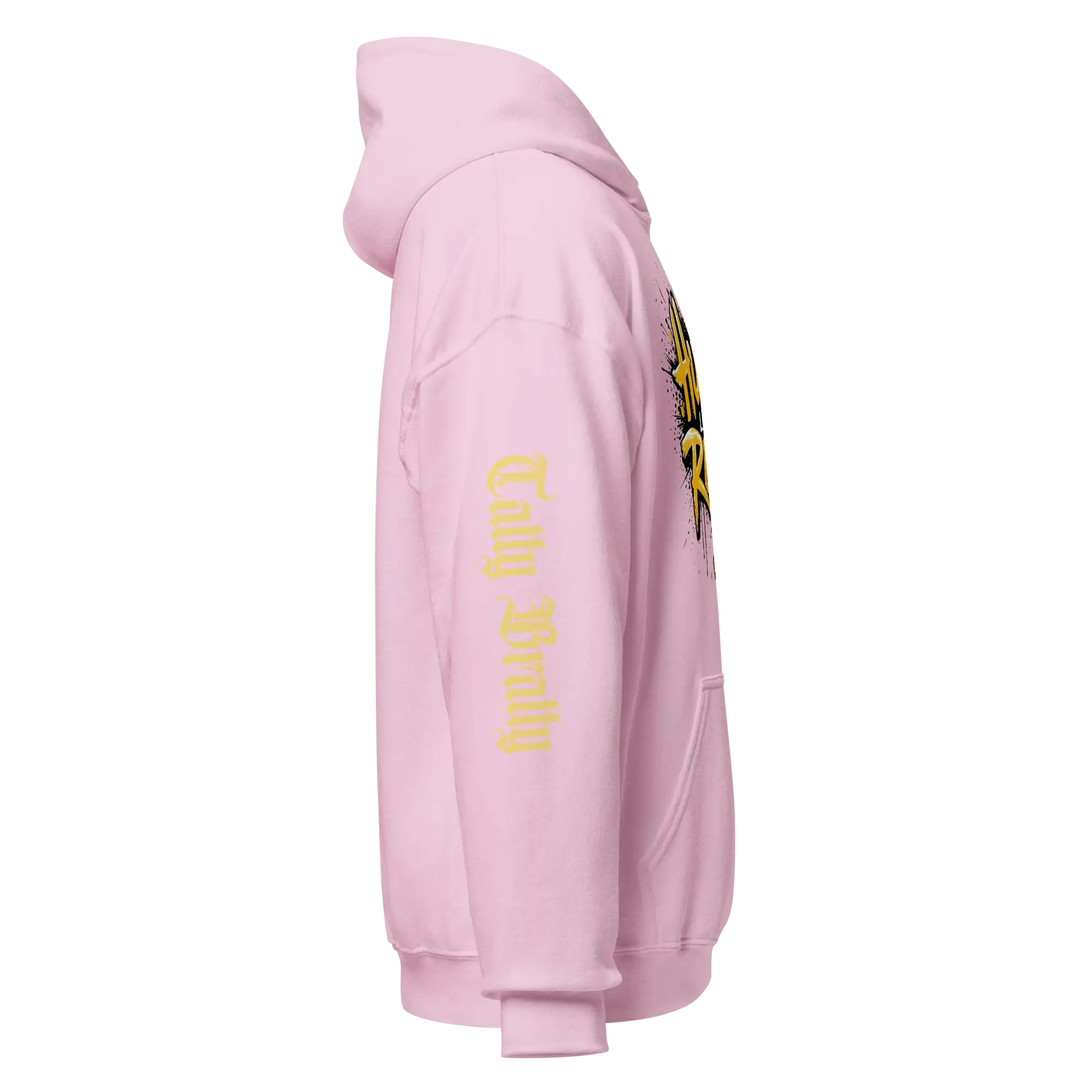 Pink hooded sweatshirt.