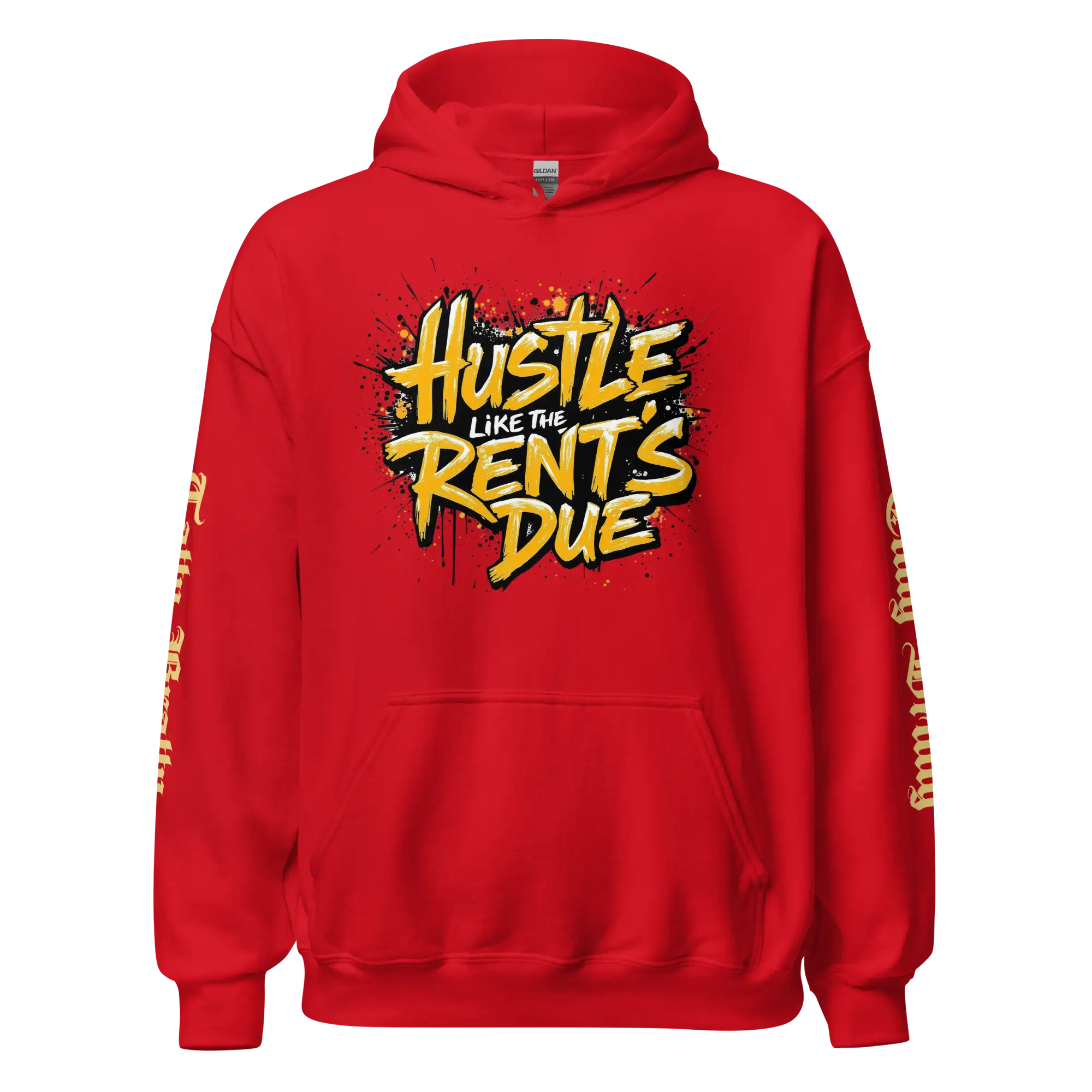 Red hoodie with graphic print.