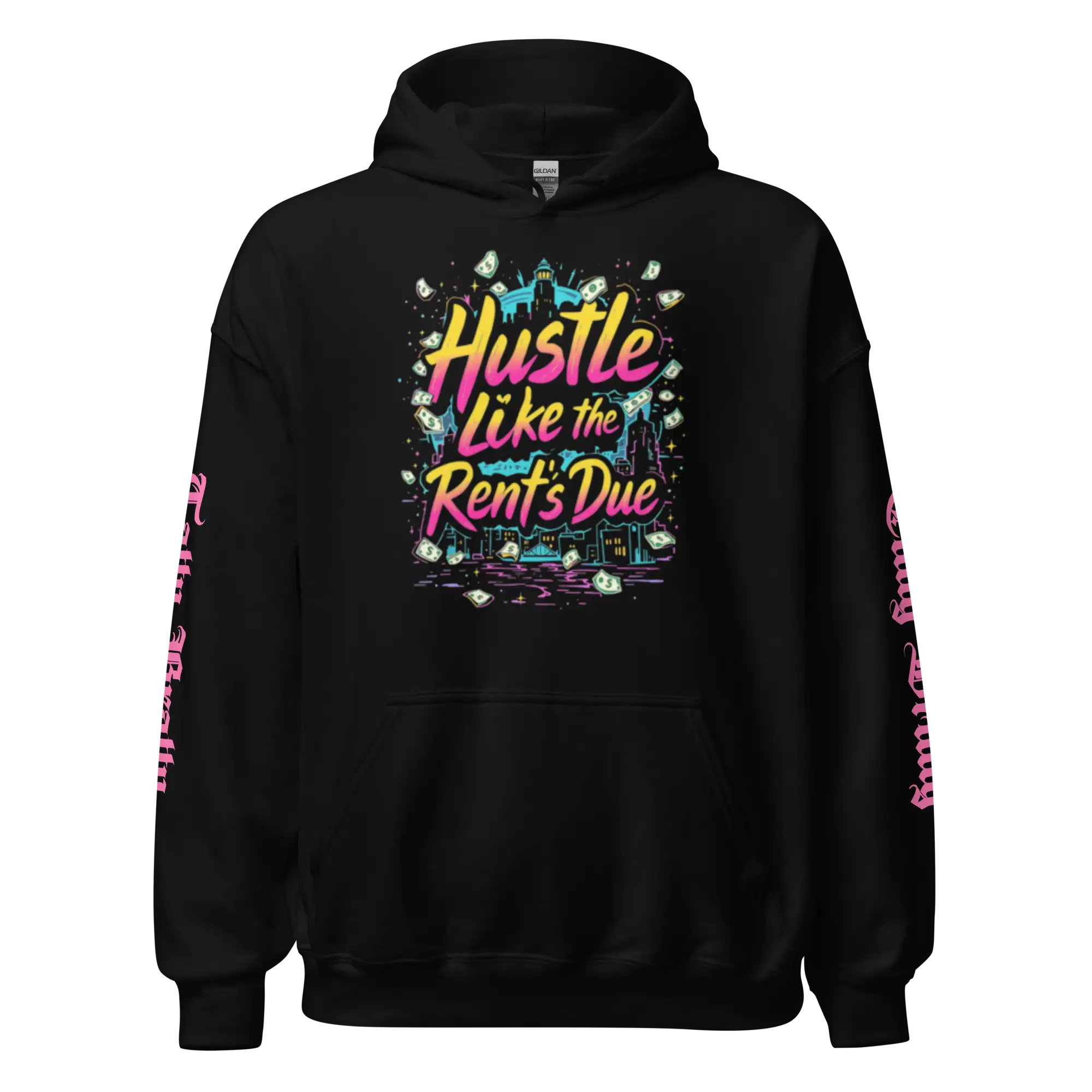 Black hoodie with colorful graphic.