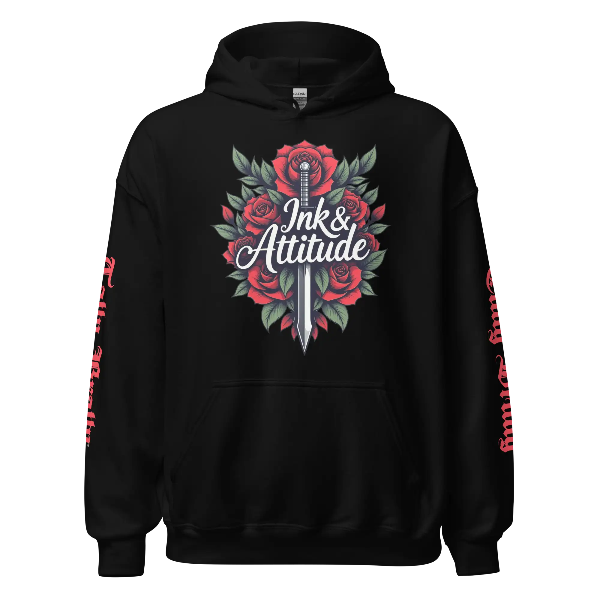 Black hoodie with floral sword design.