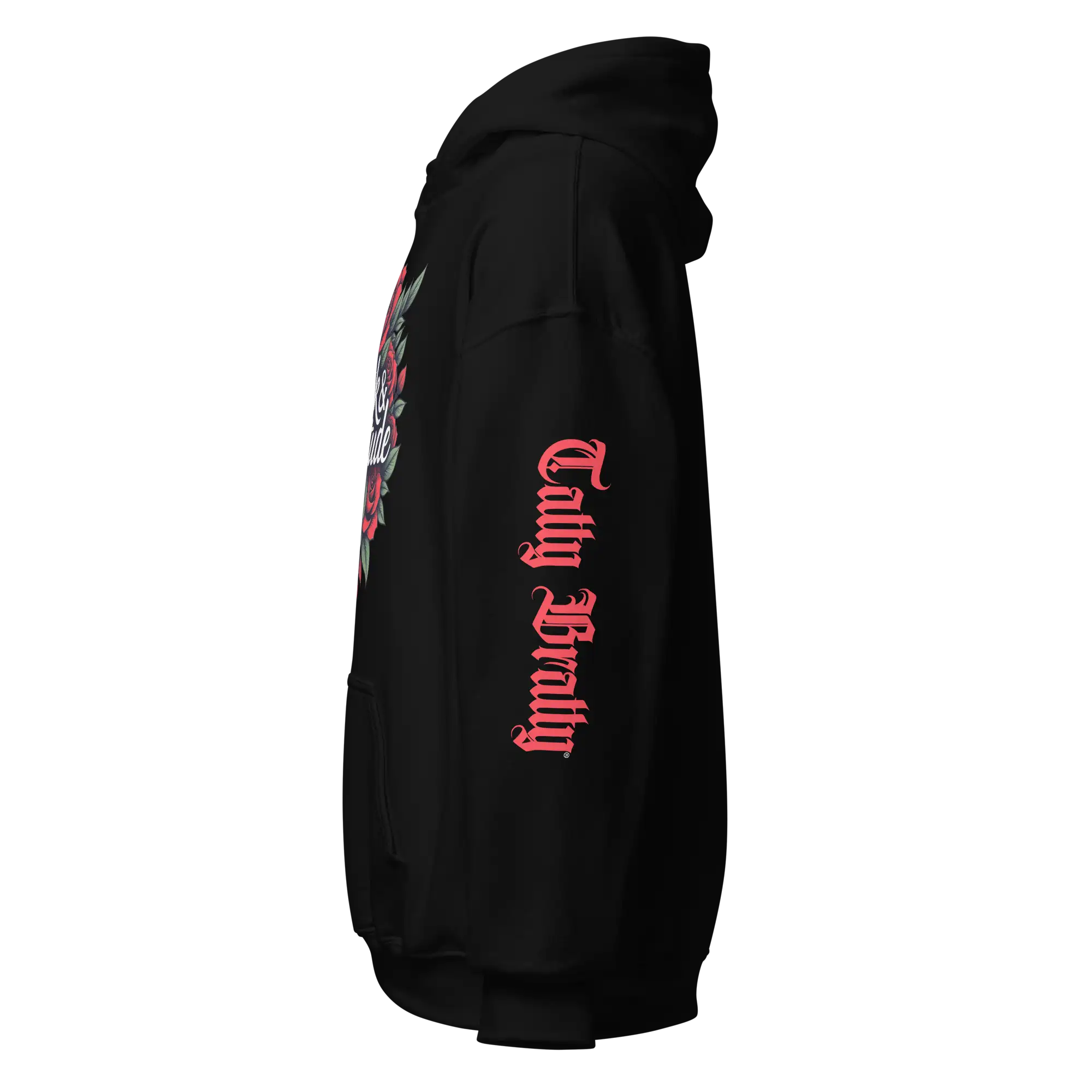 Black hoodie with gothic lettering.