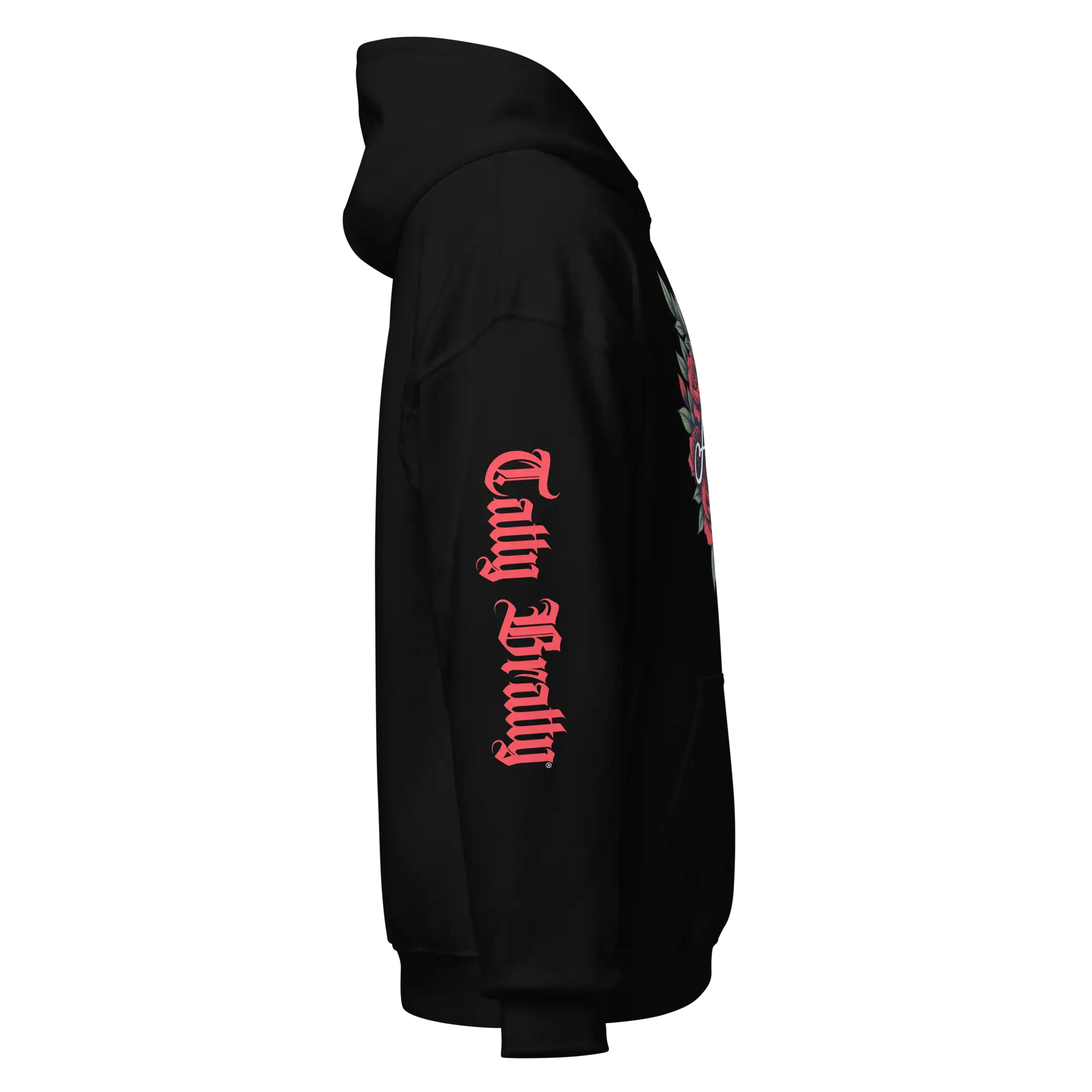 Black hoodie with pink gothic lettering.