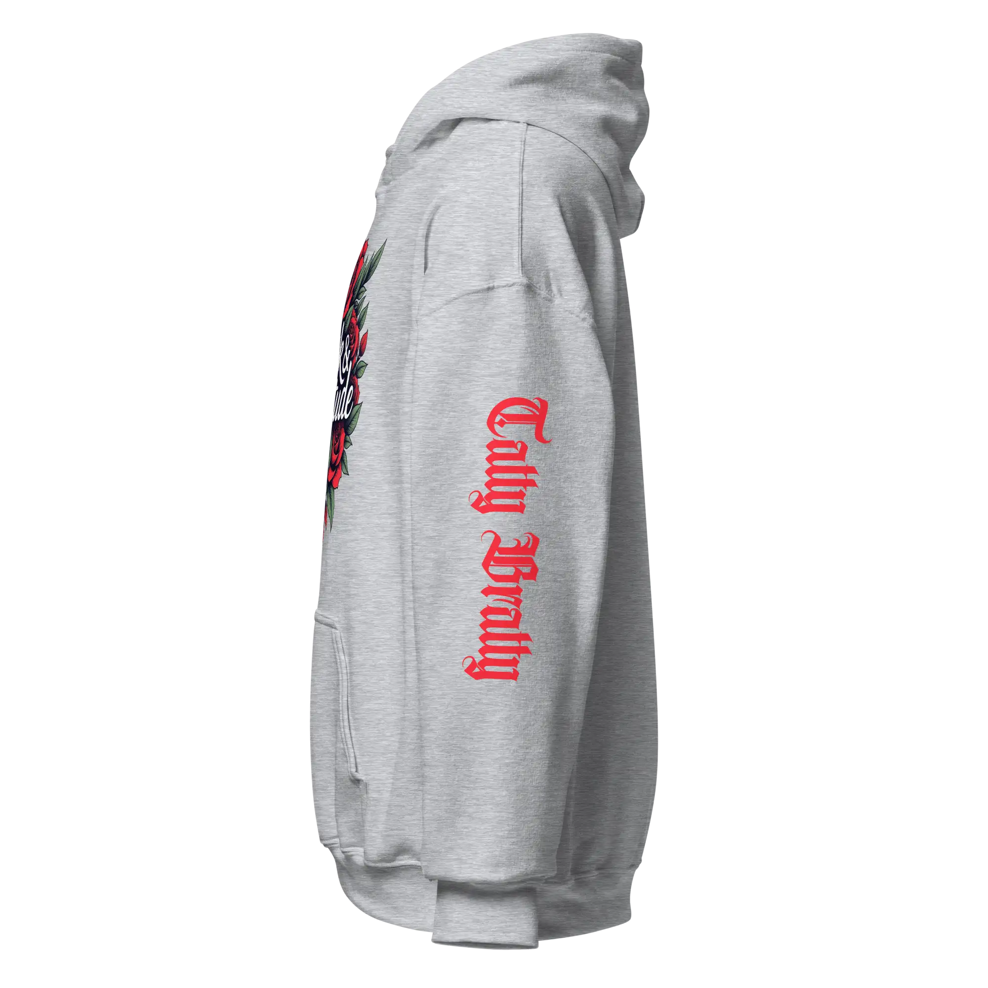 Gray hooded sweatshirt.