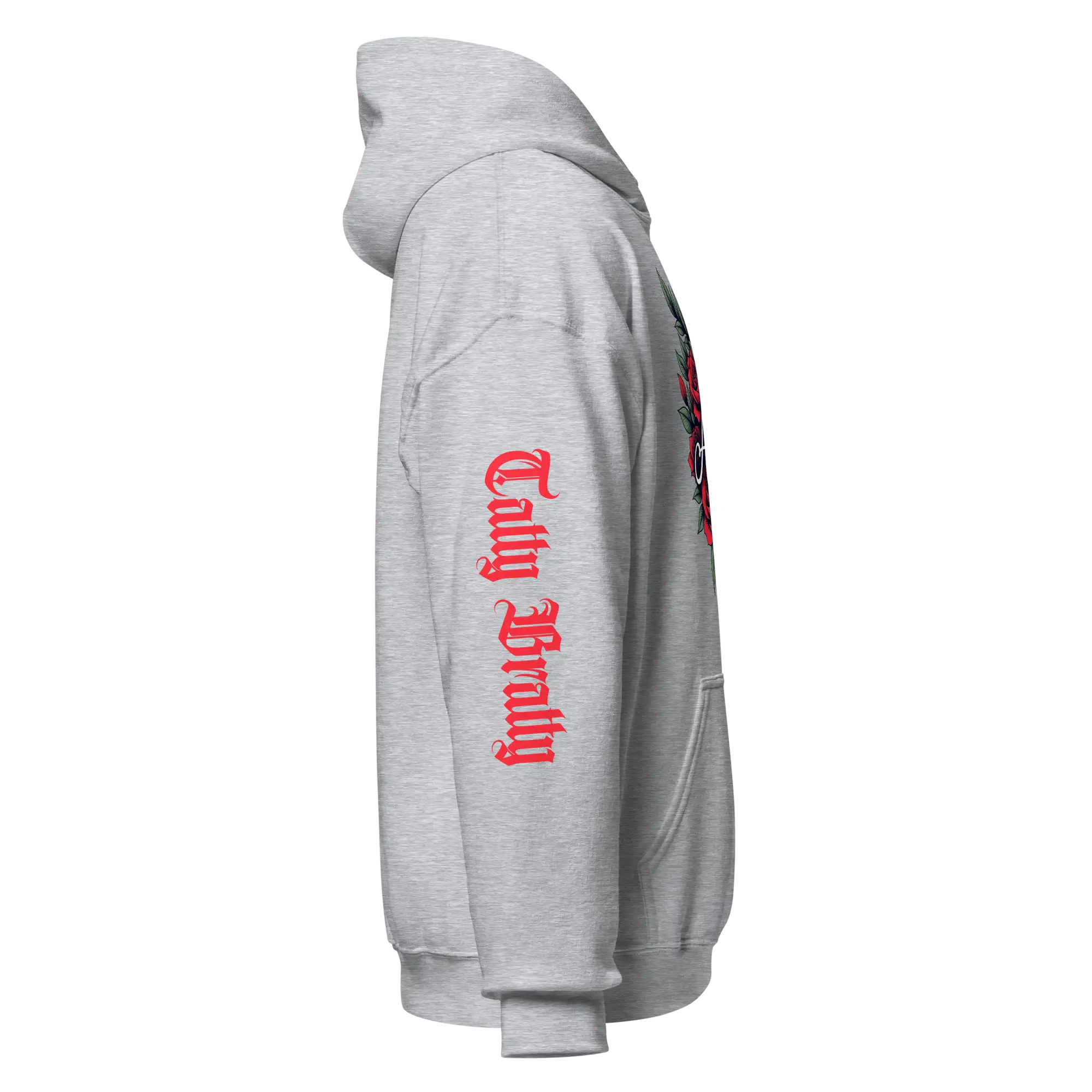 Gray hoodie with red gothic text.
