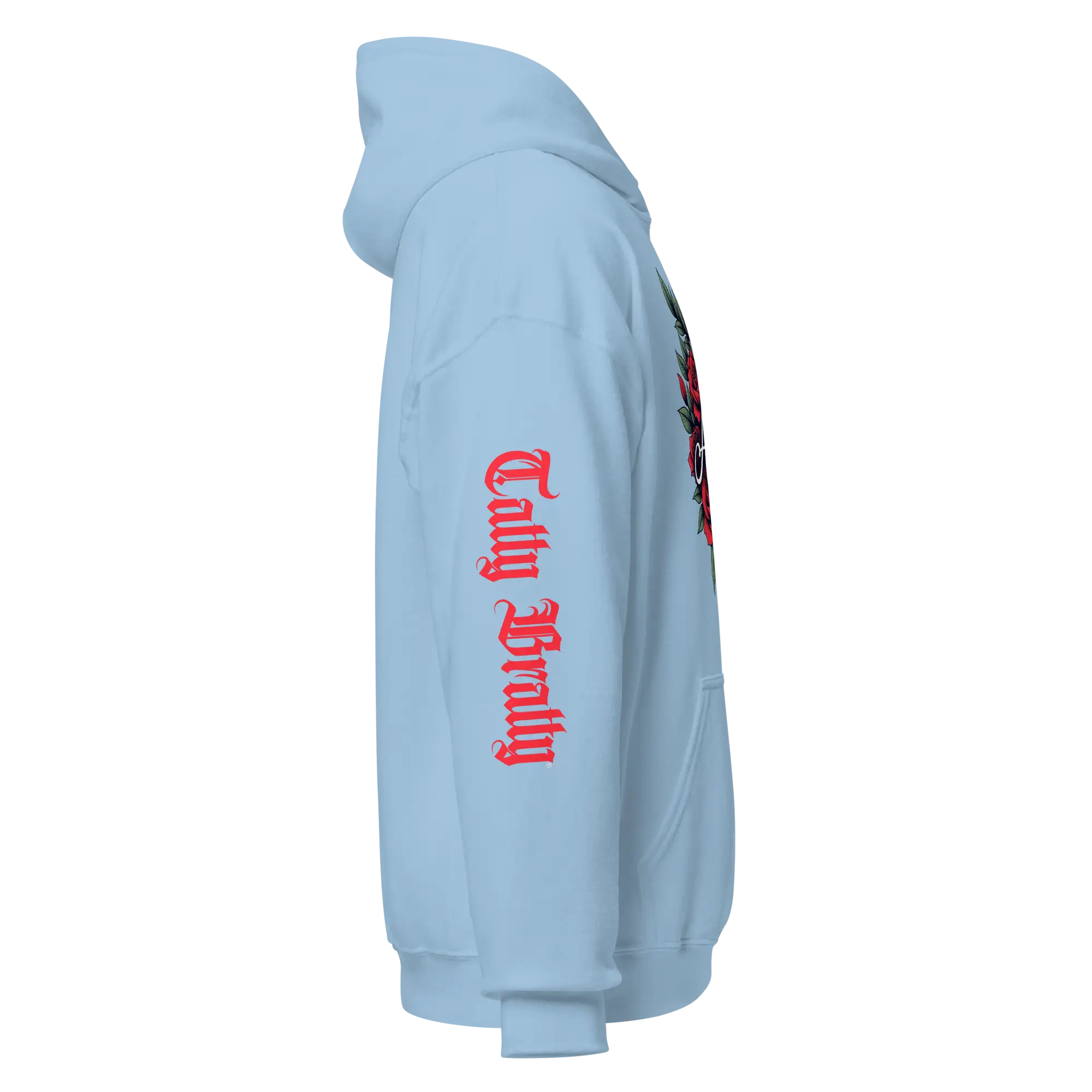 Light blue hoodie.