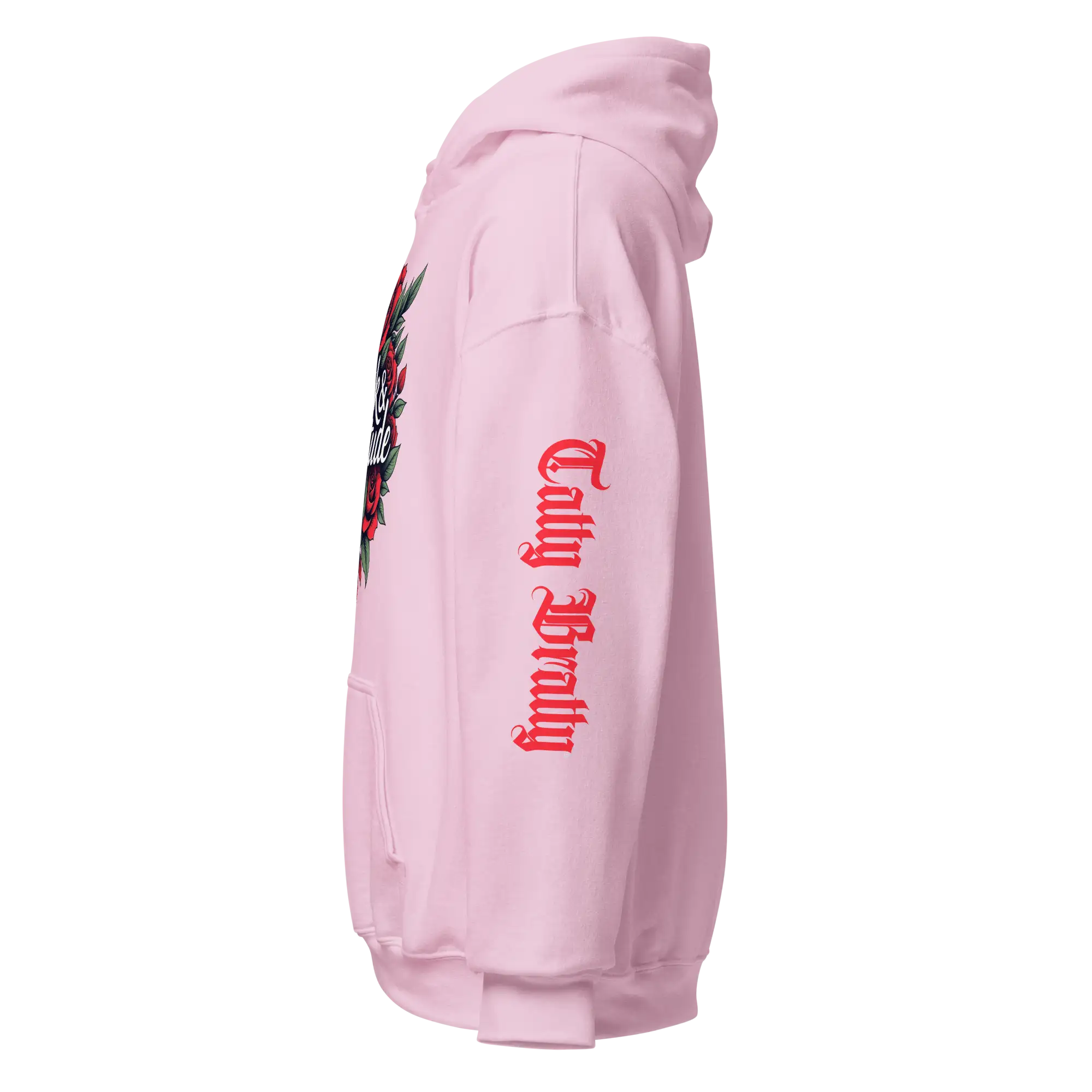 Pink hoodie with graphic.