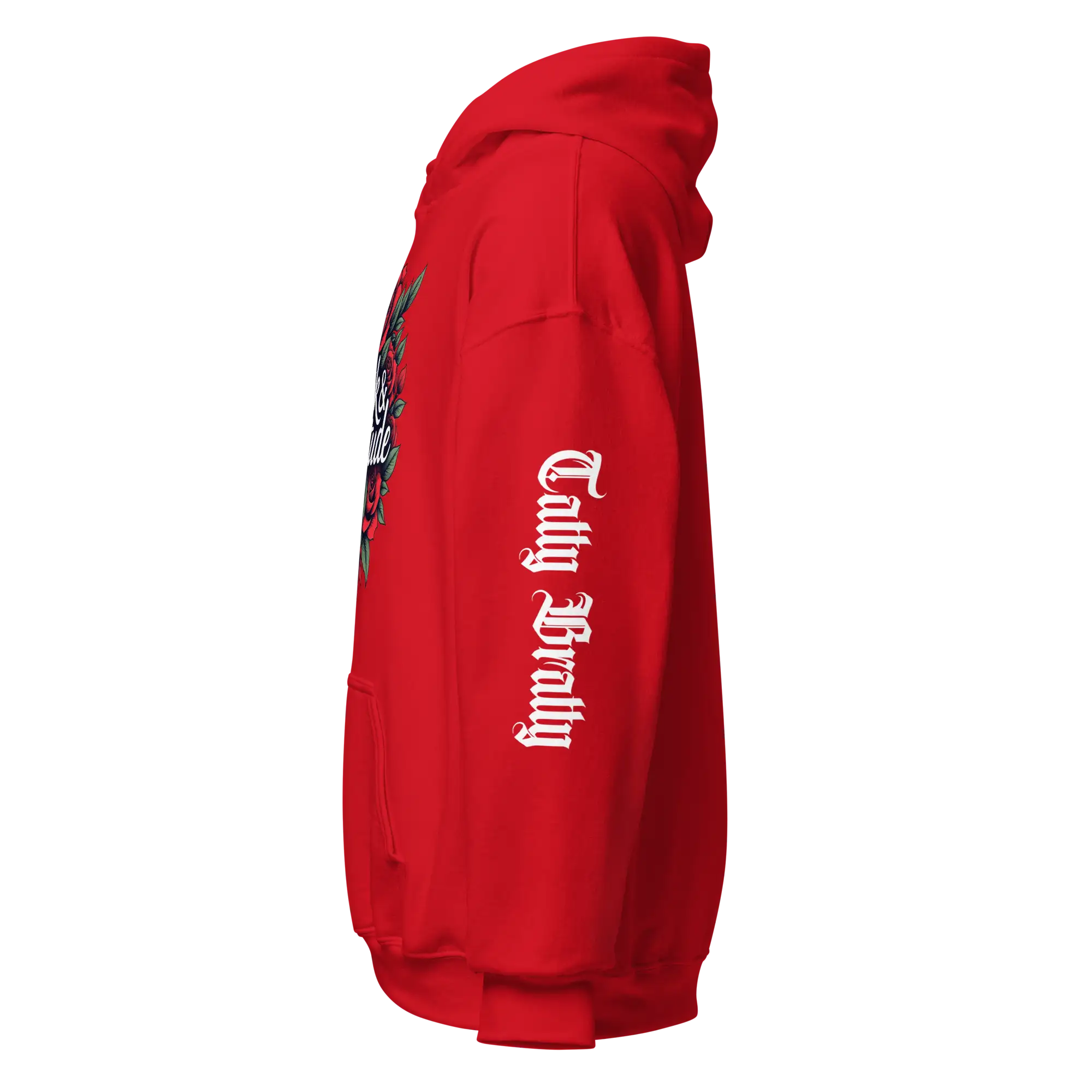 Red hoodie with sleeve text.