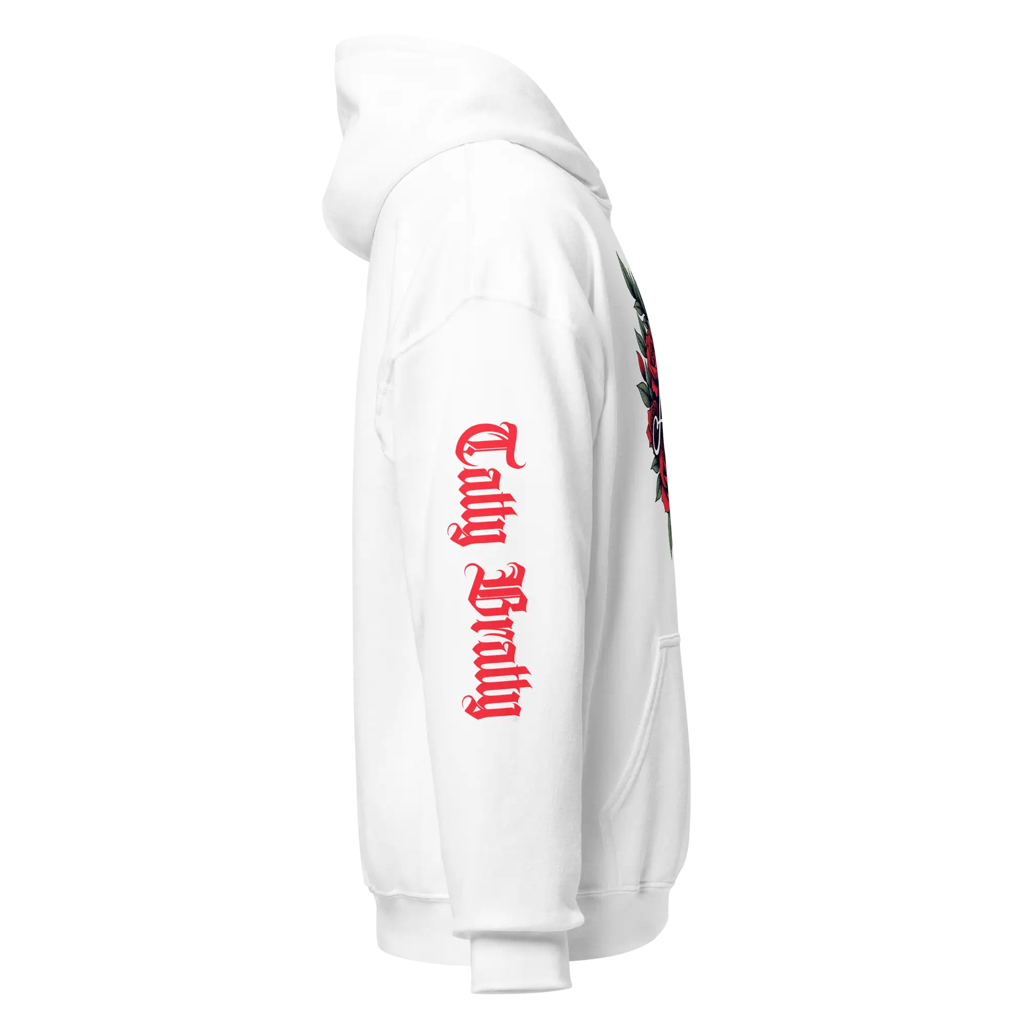 White hoodie with red gothic script.