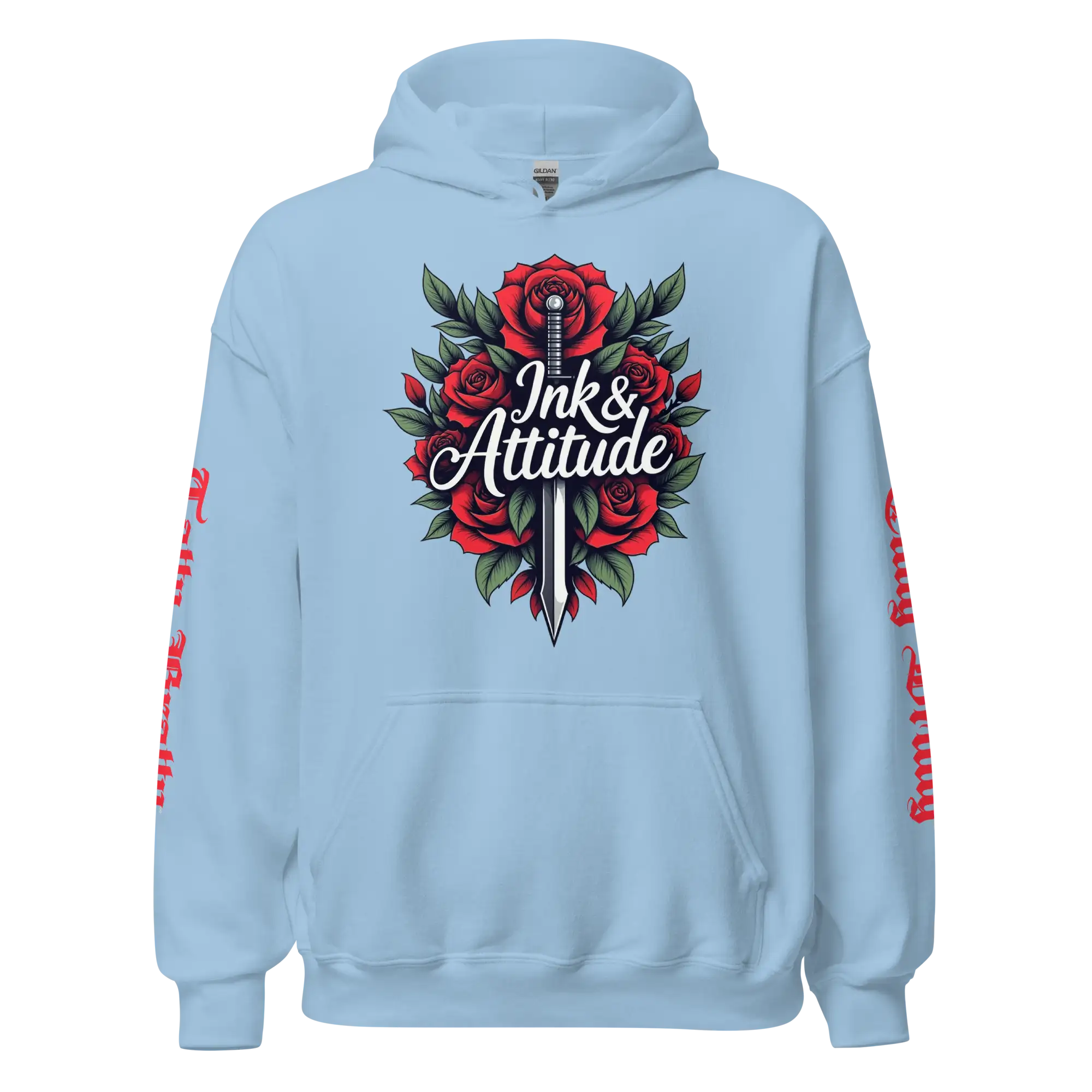 Light blue hoodie with rose and dagger design.