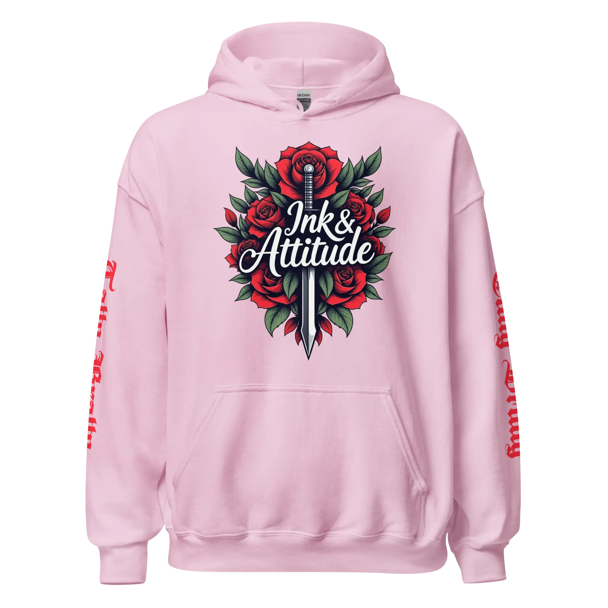 Pink hoodie with floral and dagger design.