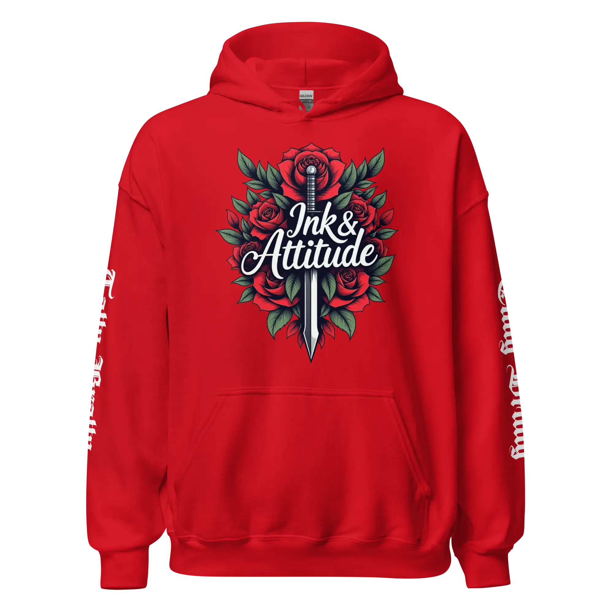 Red hoodie with floral and dagger design.