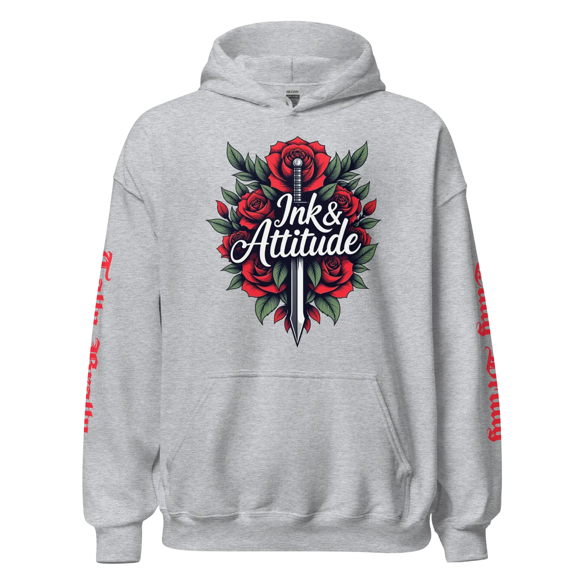 Gray hoodie with floral and dagger design.